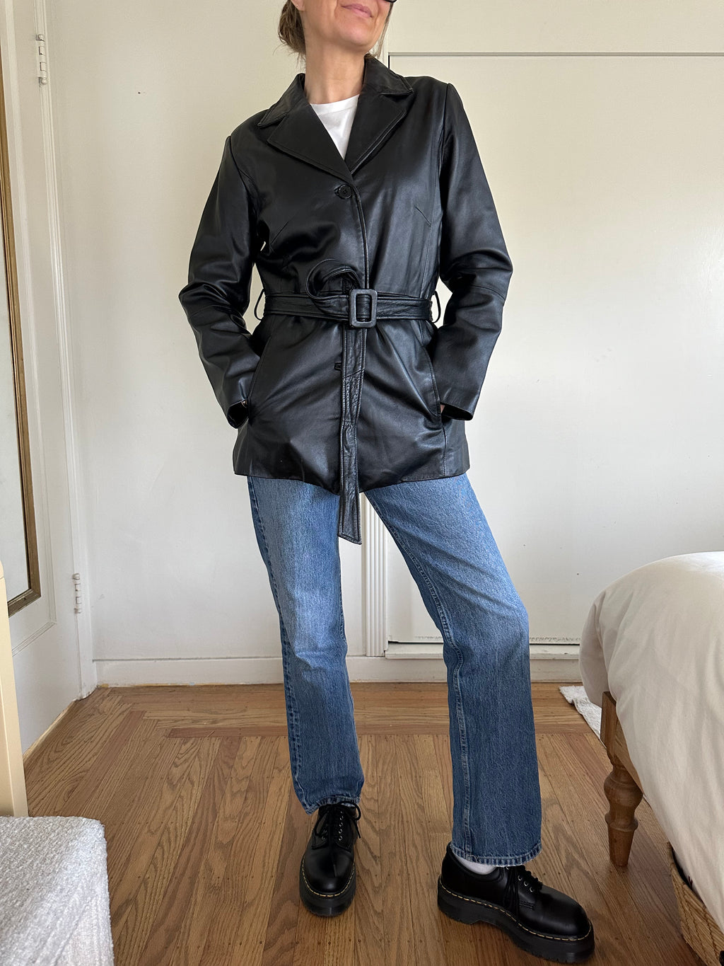 Black Leather Belted Jacket