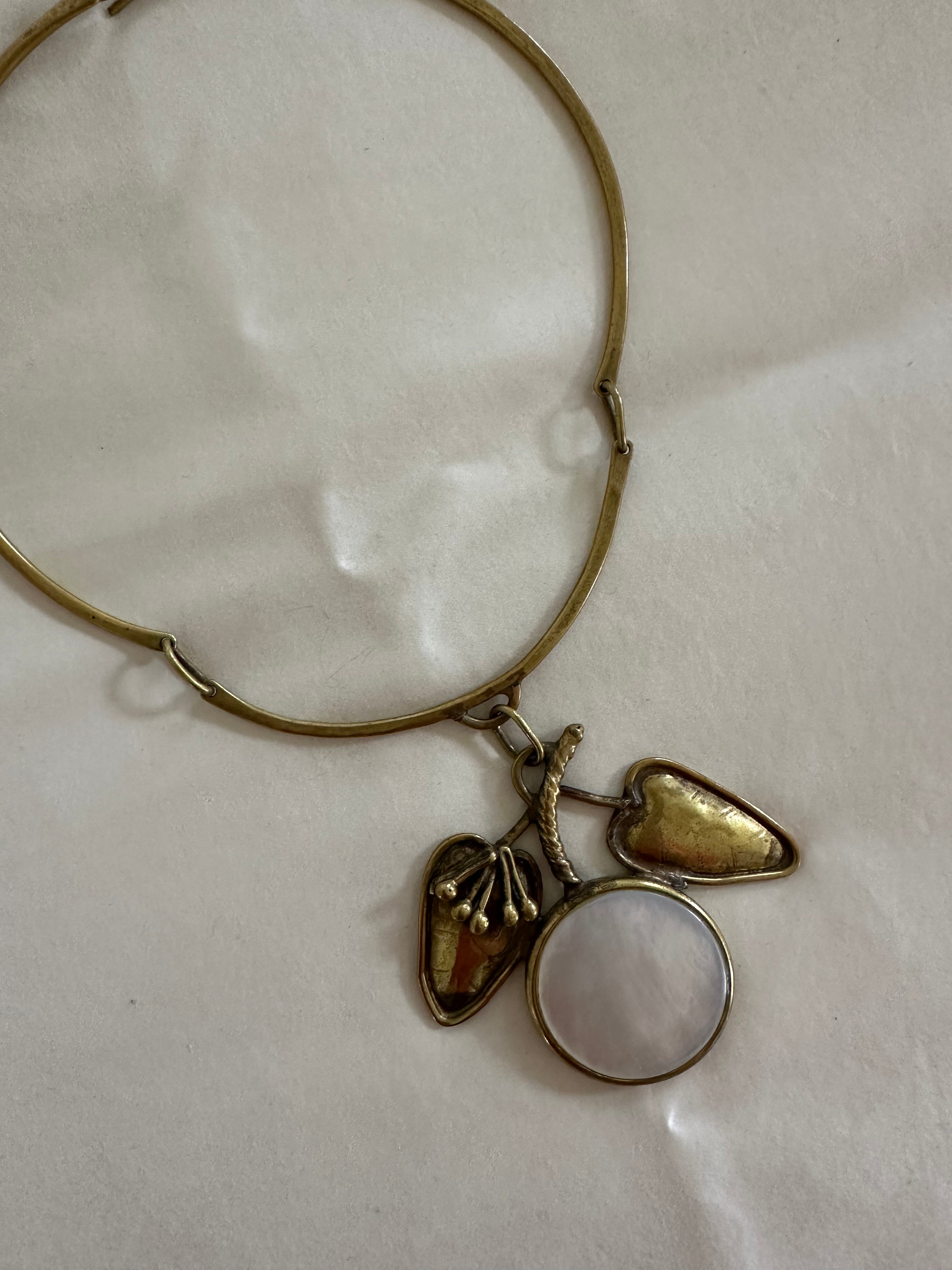 Vintage Brass & Mother-of-Pearl Charm Torque Necklace