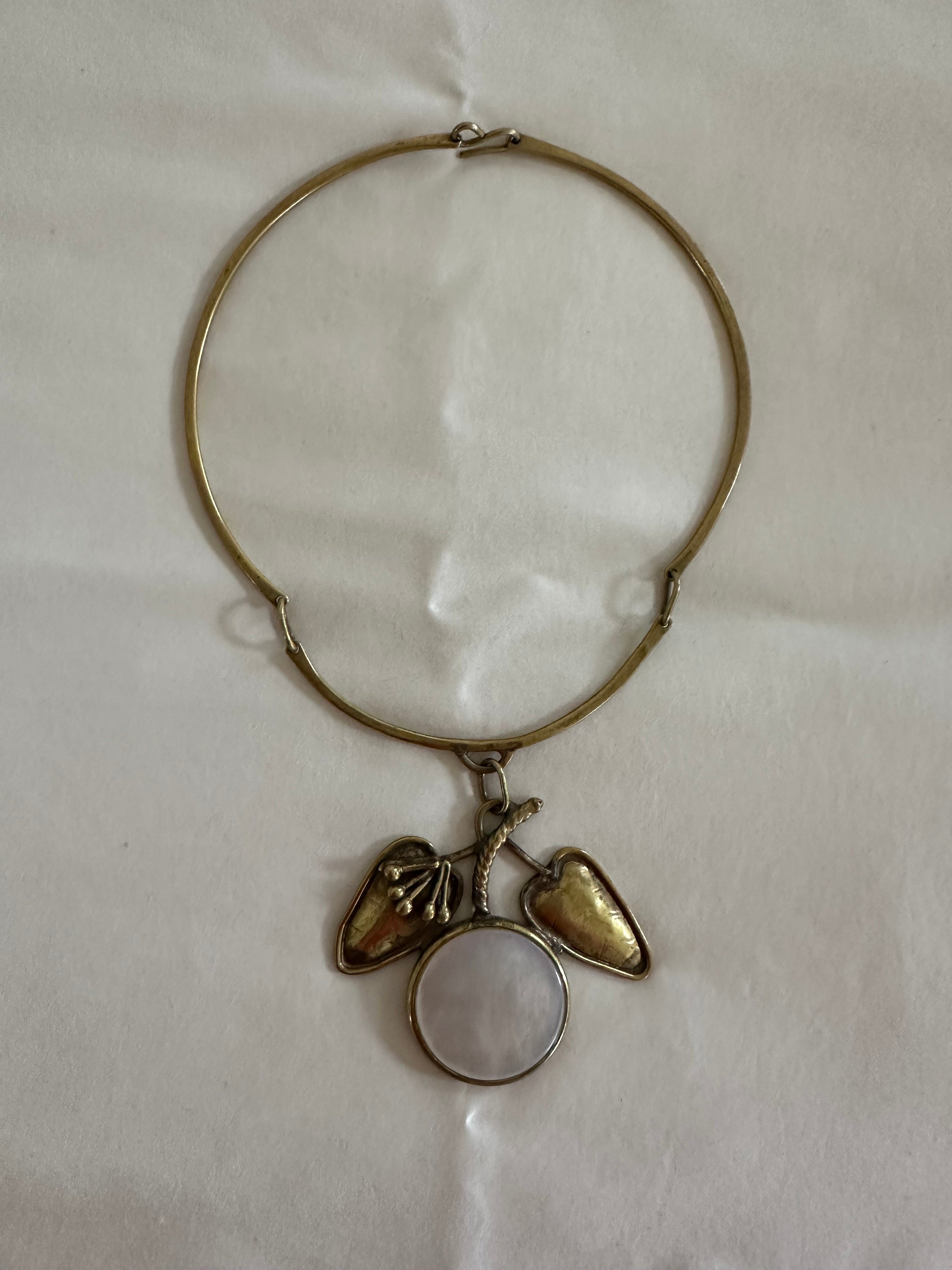 Vintage Brass & Mother-of-Pearl Charm Torque Necklace