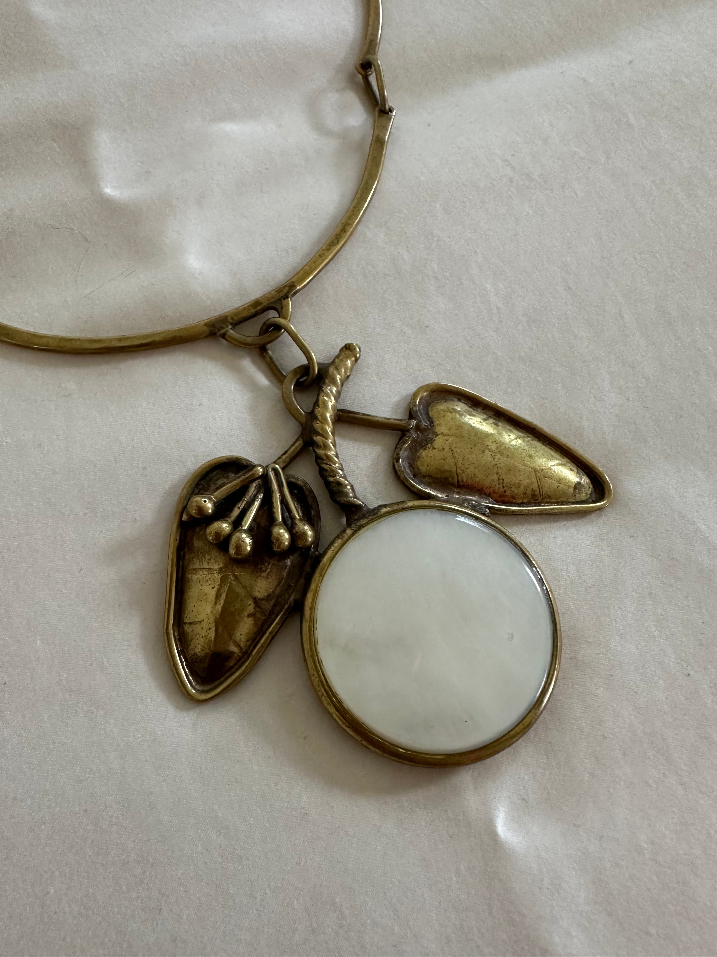 Vintage Brass & Mother-of-Pearl Charm Torque Necklace