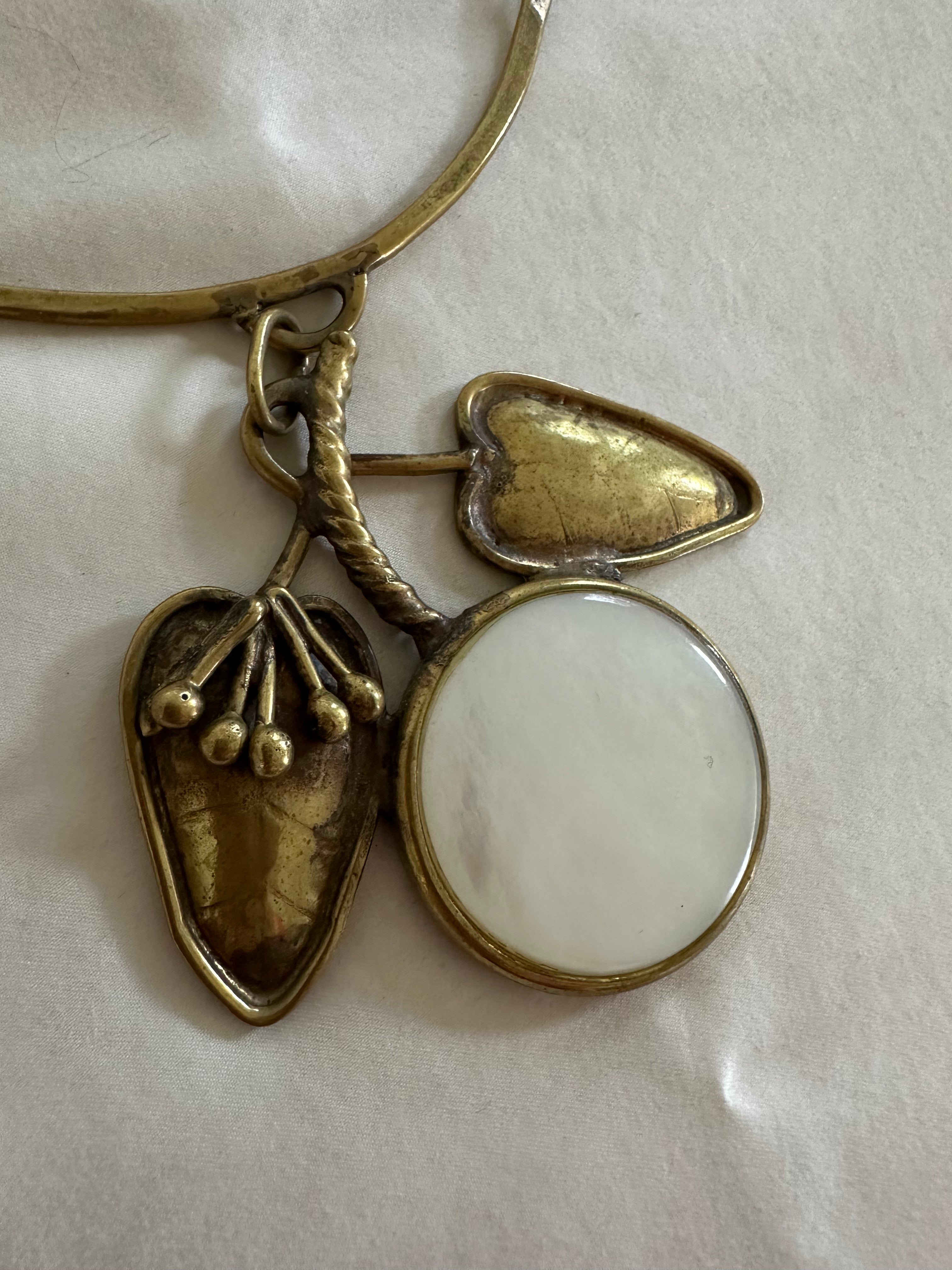 Vintage Brass & Mother-of-Pearl Charm Torque Necklace