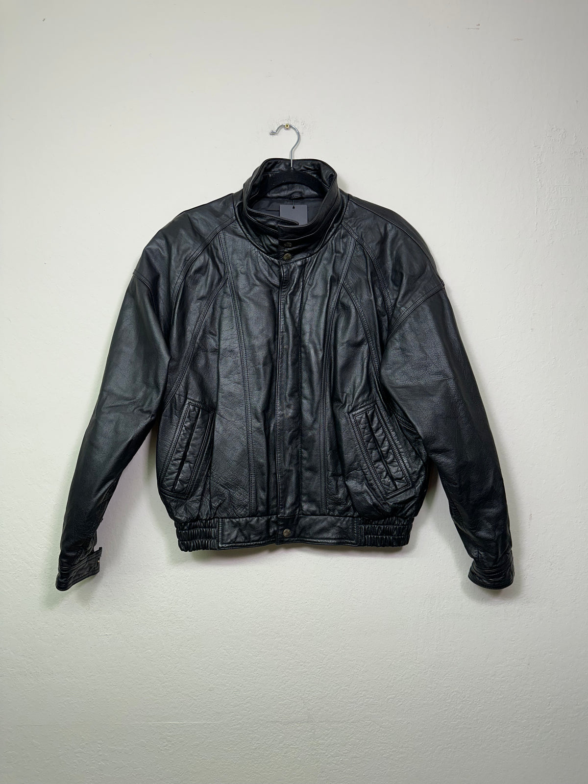 Funnel-Neck Leather Bomber Jacket