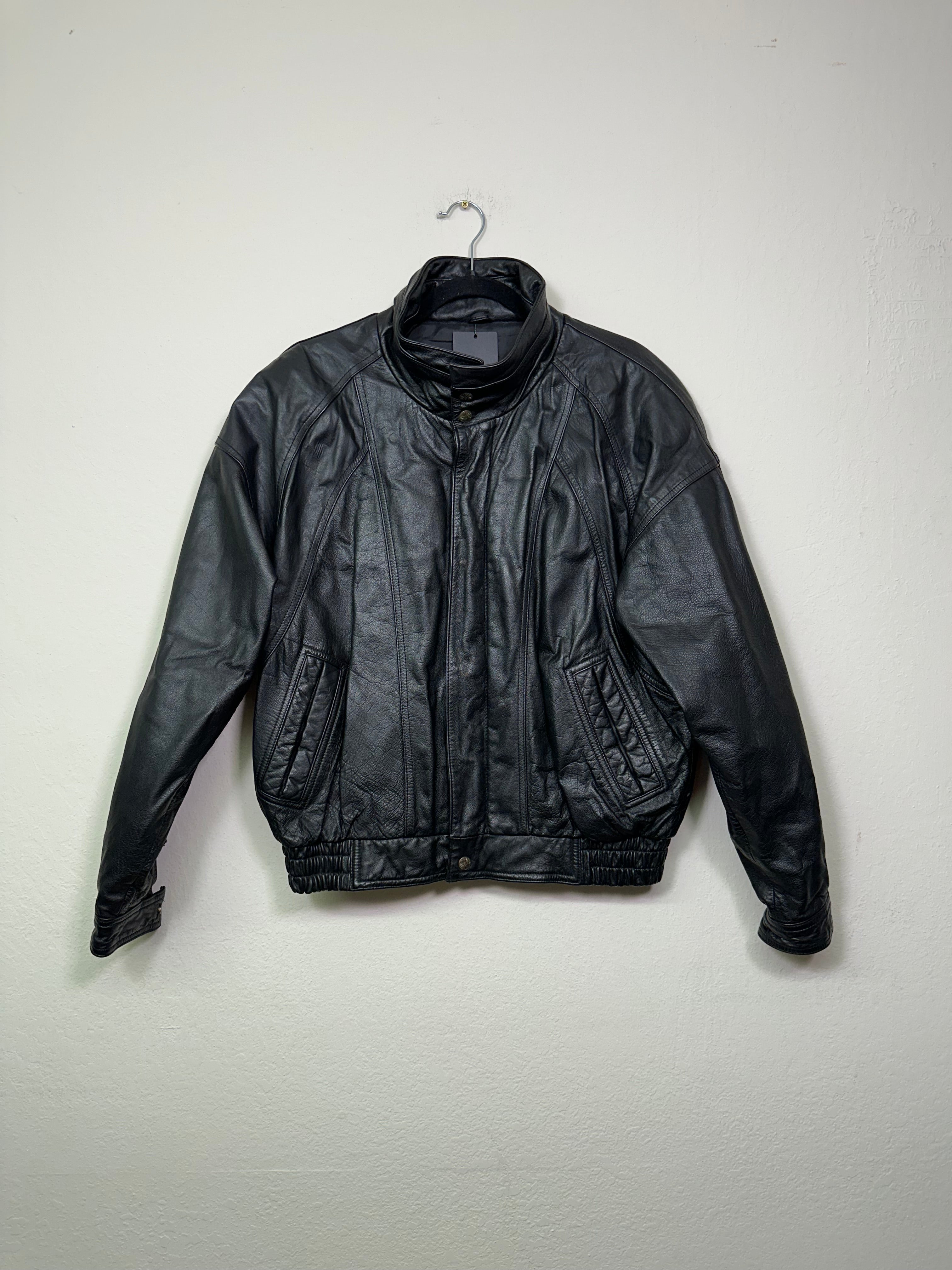 Funnel-Neck Leather Bomber Jacket