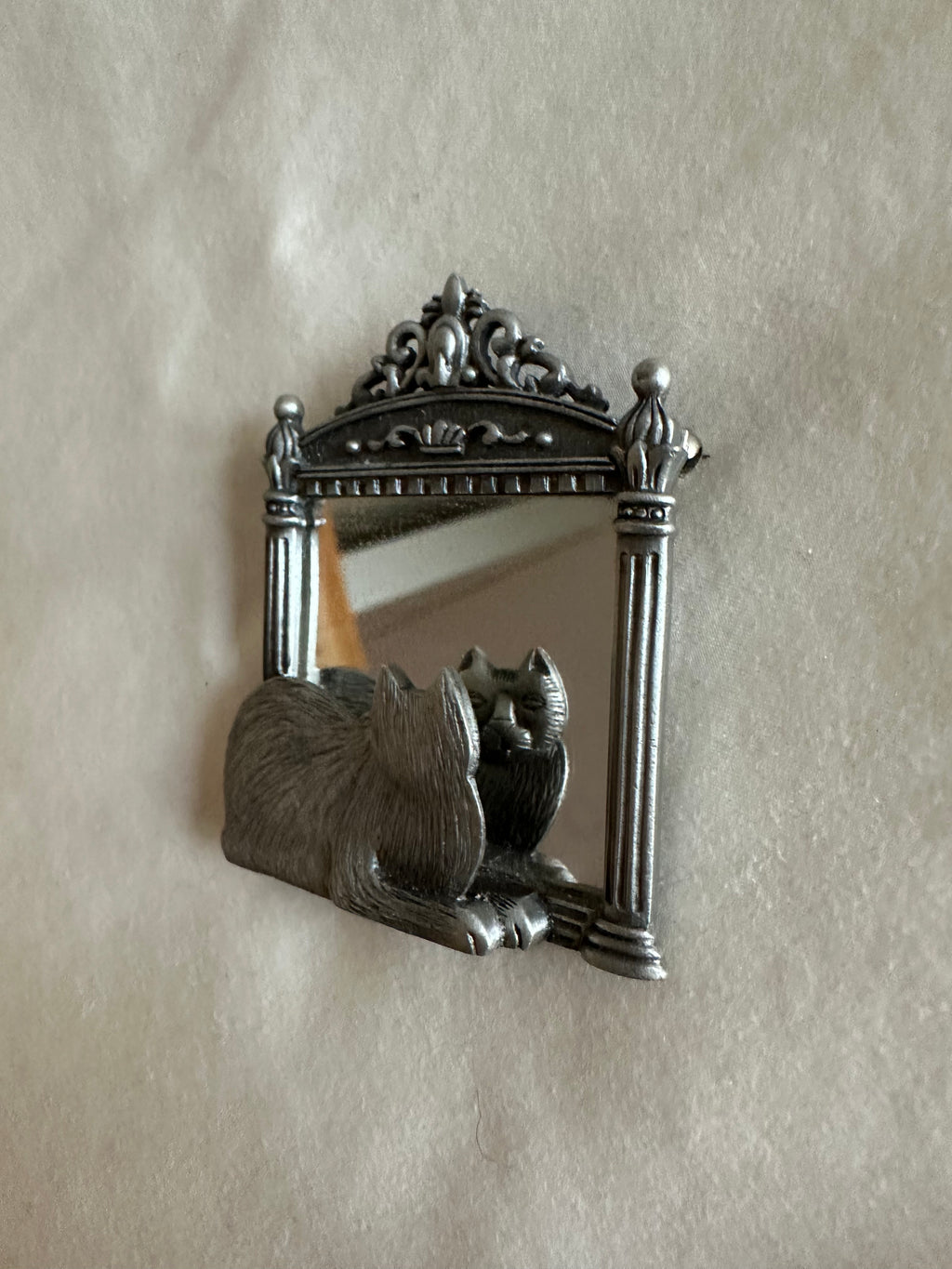JJ Silver Cat Vanity Mirror Brooch