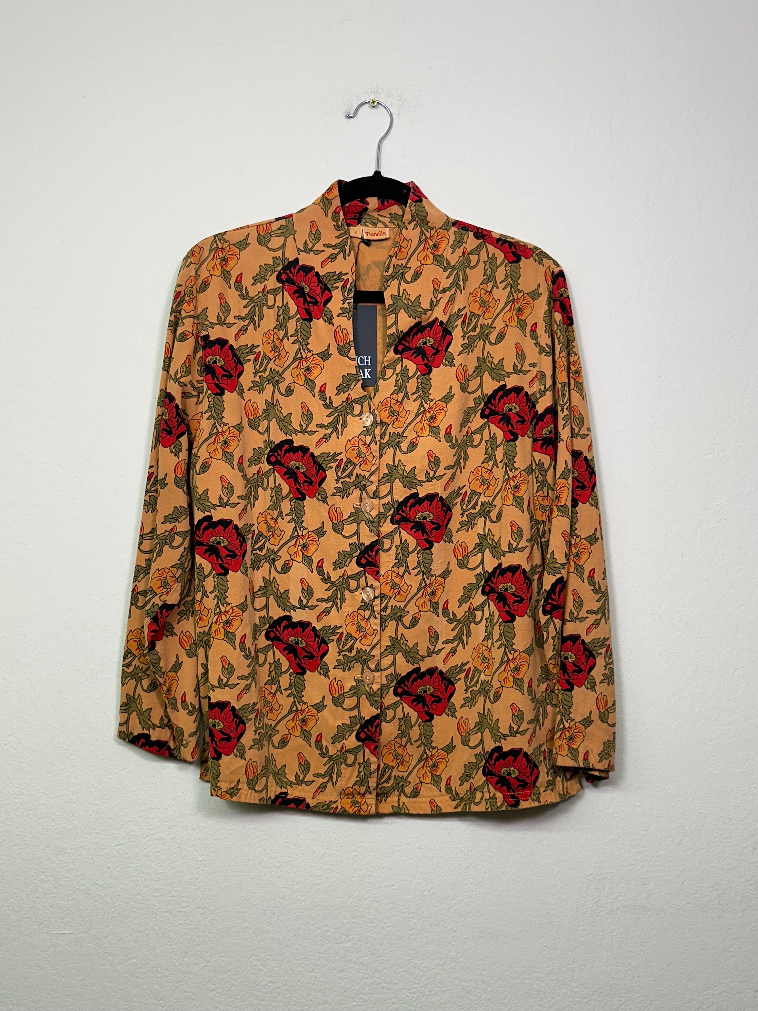 Mock Neck Floral Button-Up Blouse
