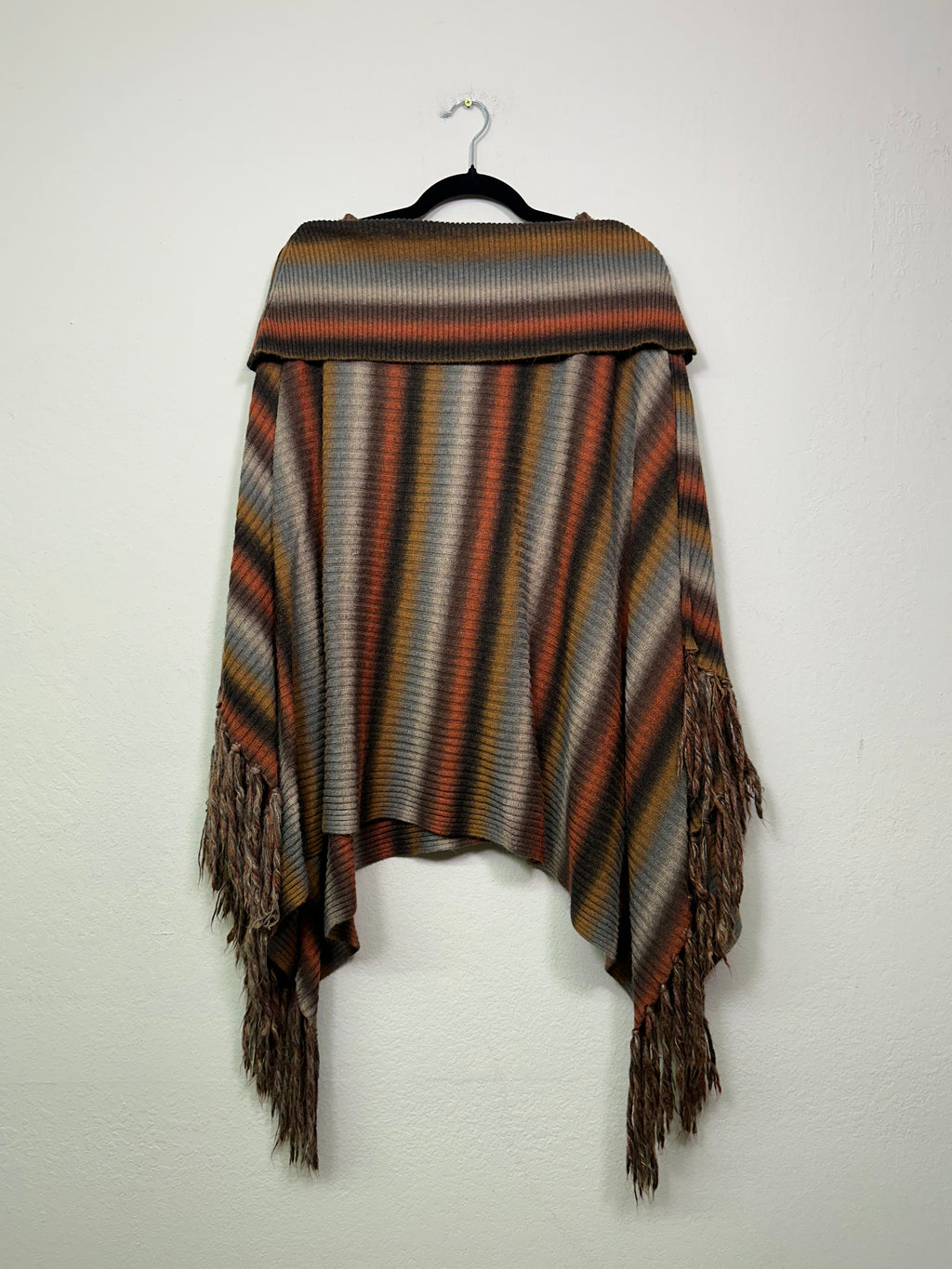 Striped Fringe Knit Poncho