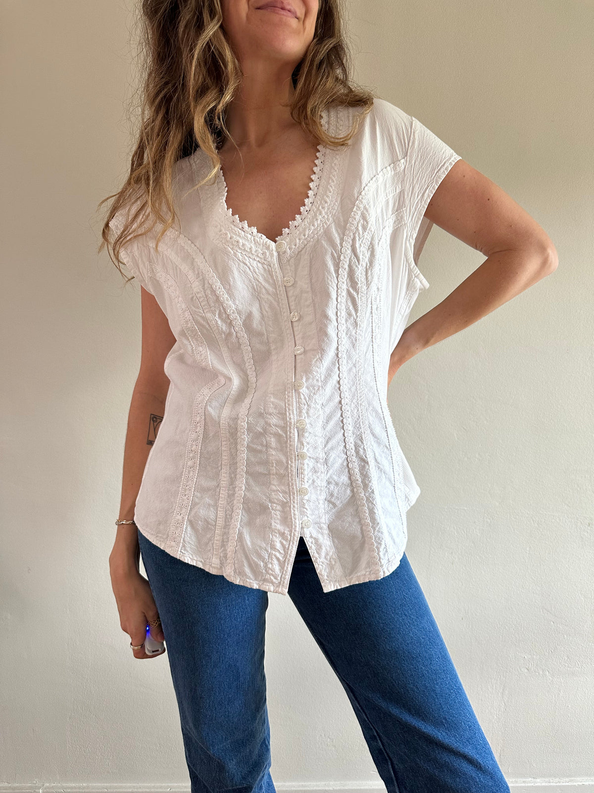 Embroidered Button-Front Blouse