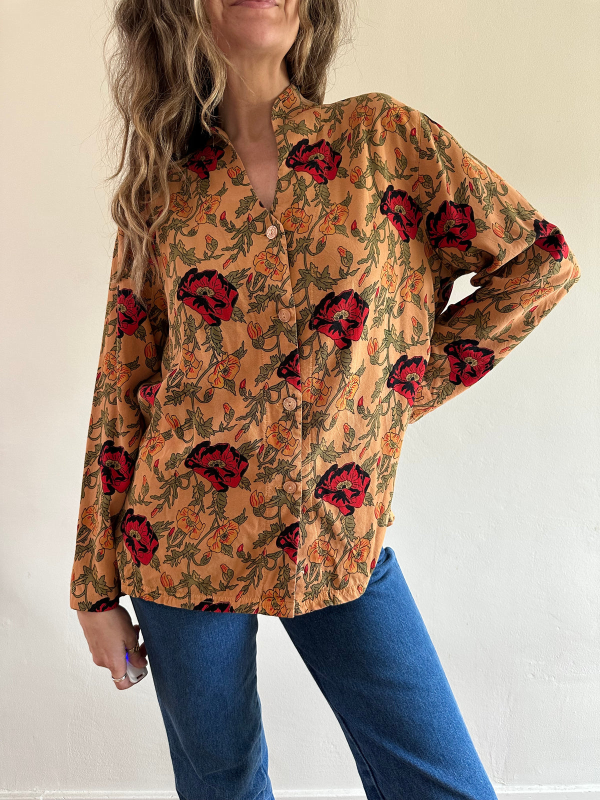 Mock Neck Floral Button-Up Blouse