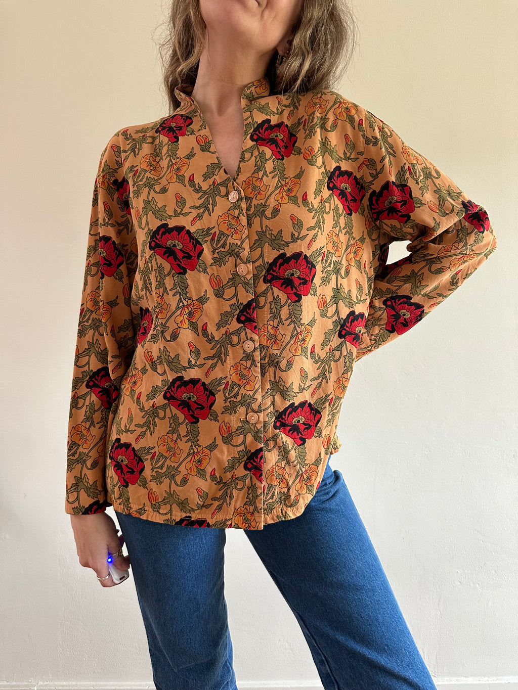 Mock Neck Floral Button-Up Blouse