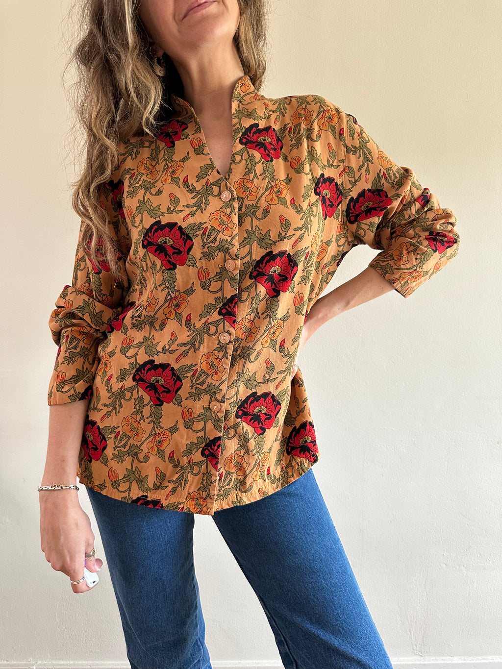 Mock Neck Floral Button-Up Blouse