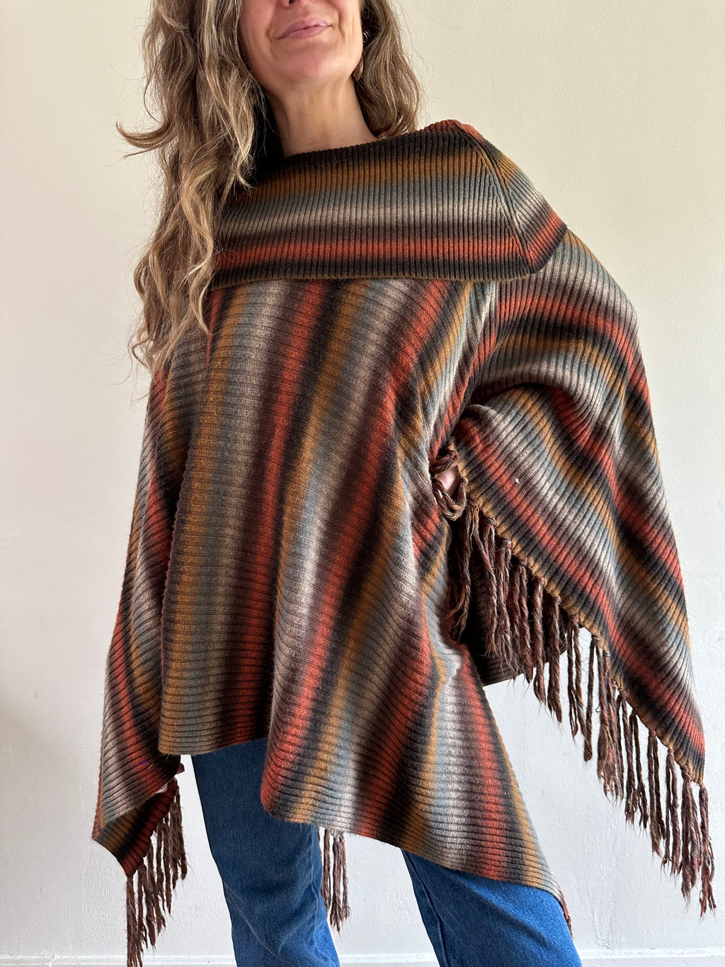Striped Fringe Knit Poncho