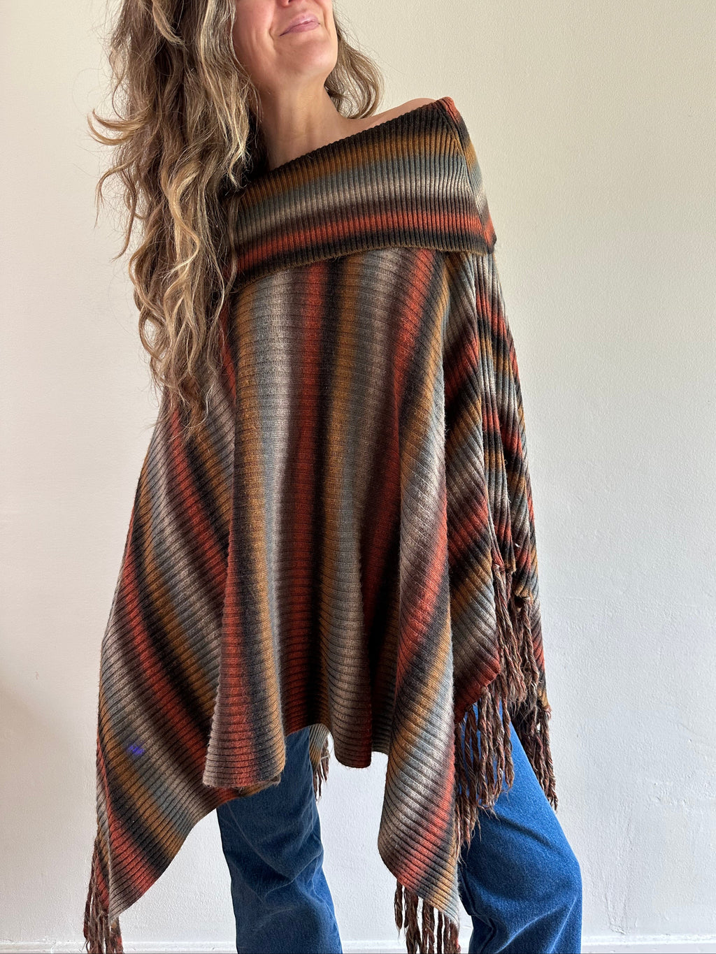 Striped Fringe Knit Poncho