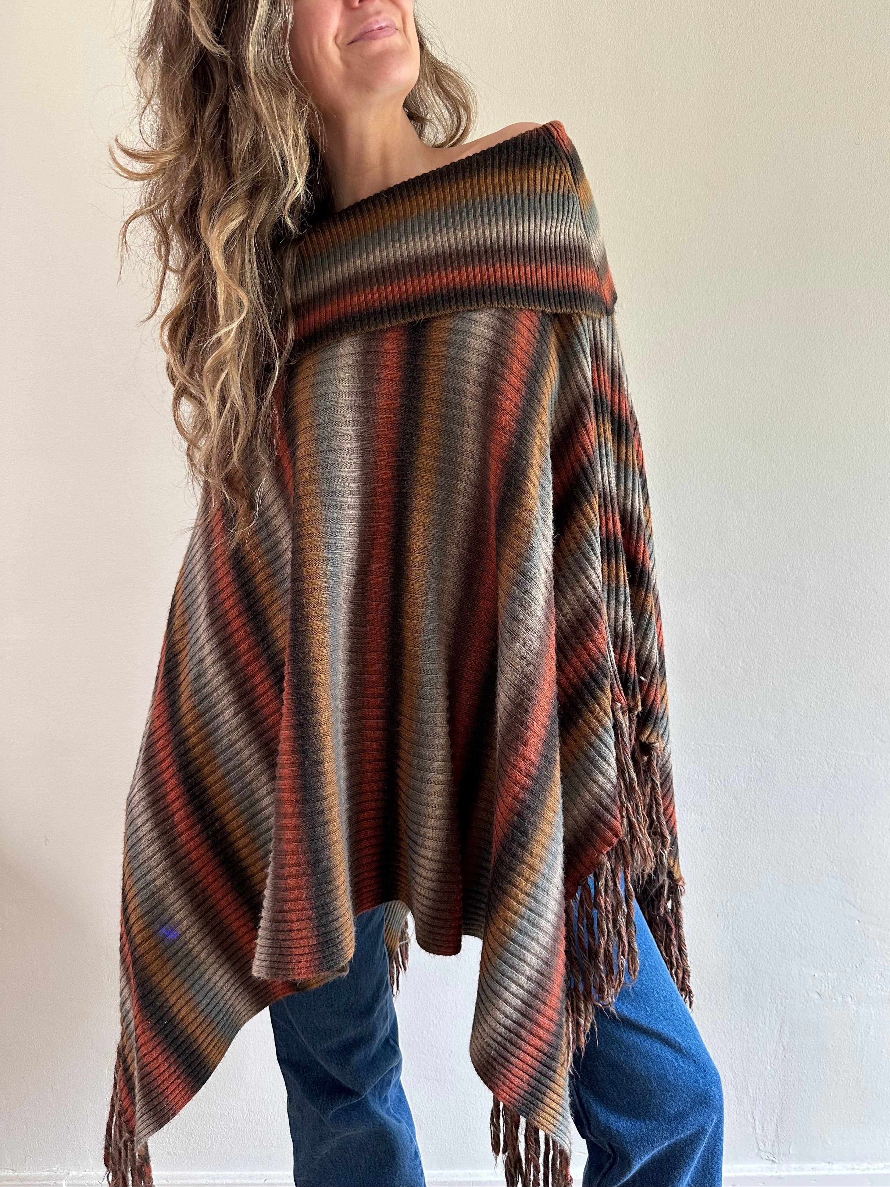 Striped Fringe Knit Poncho