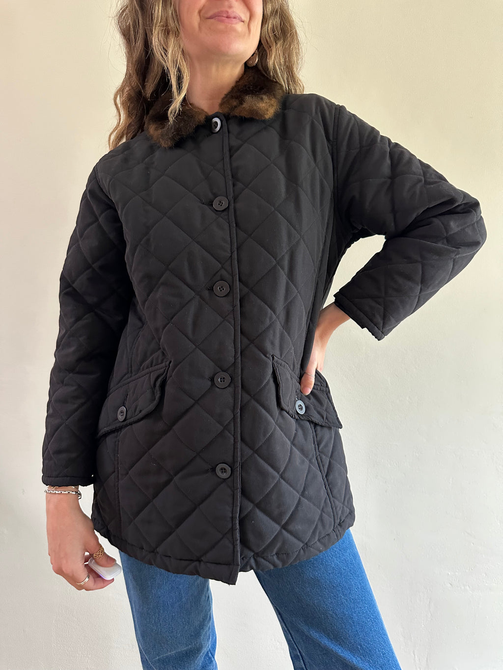 Quilted Jacket with Faux Fur Collar
