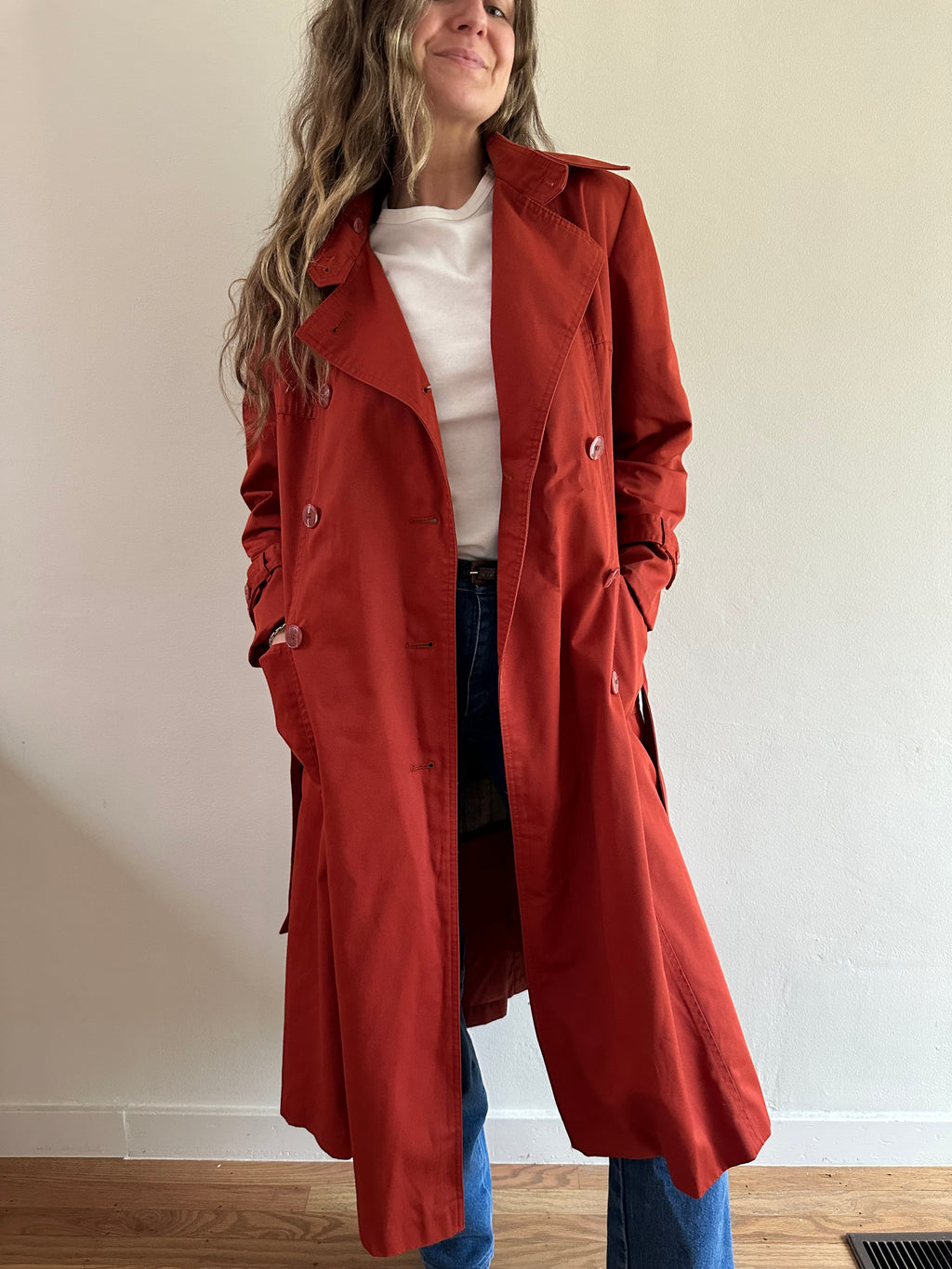 70s Red Trench Coat with Plaid Zip-Out Liner