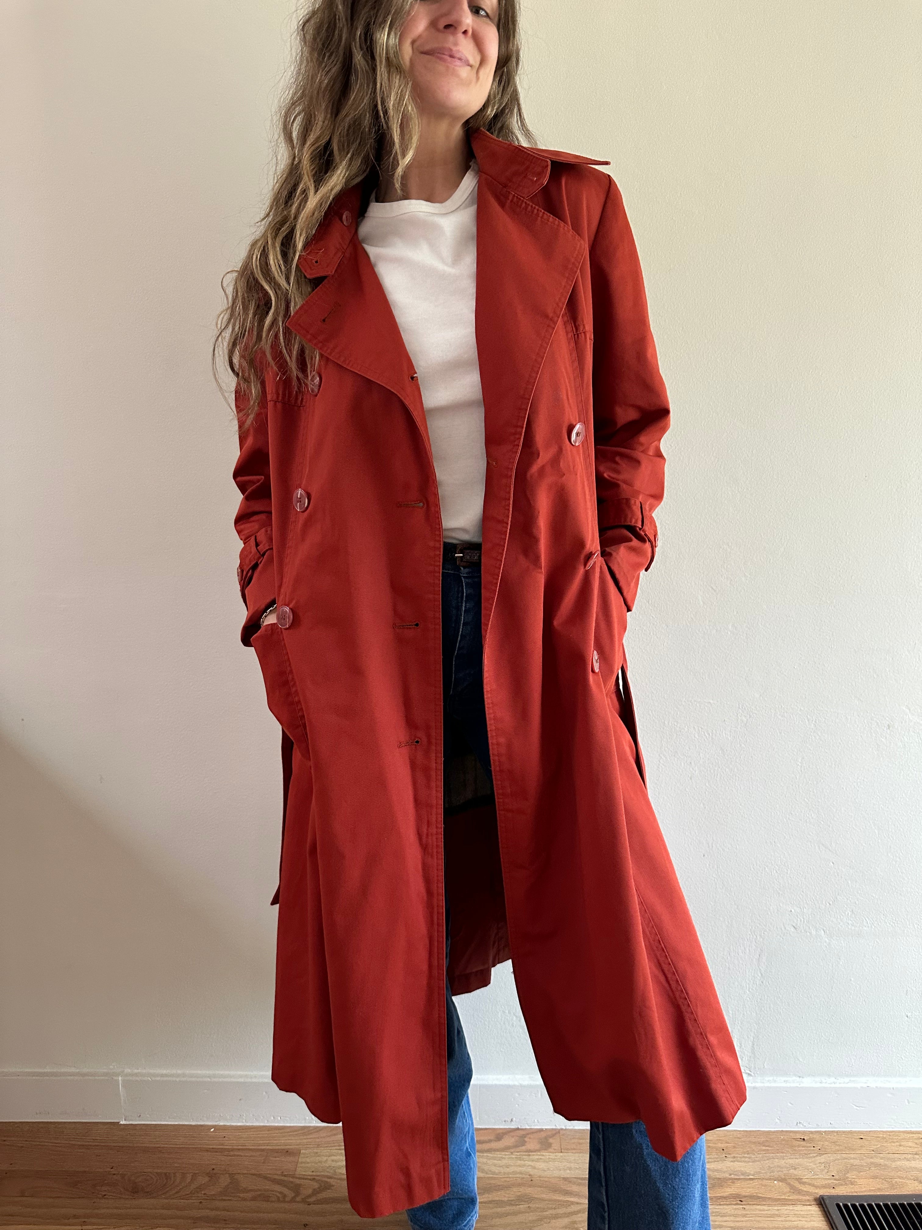 70s Red Trench Coat with Plaid Zip-Out Liner