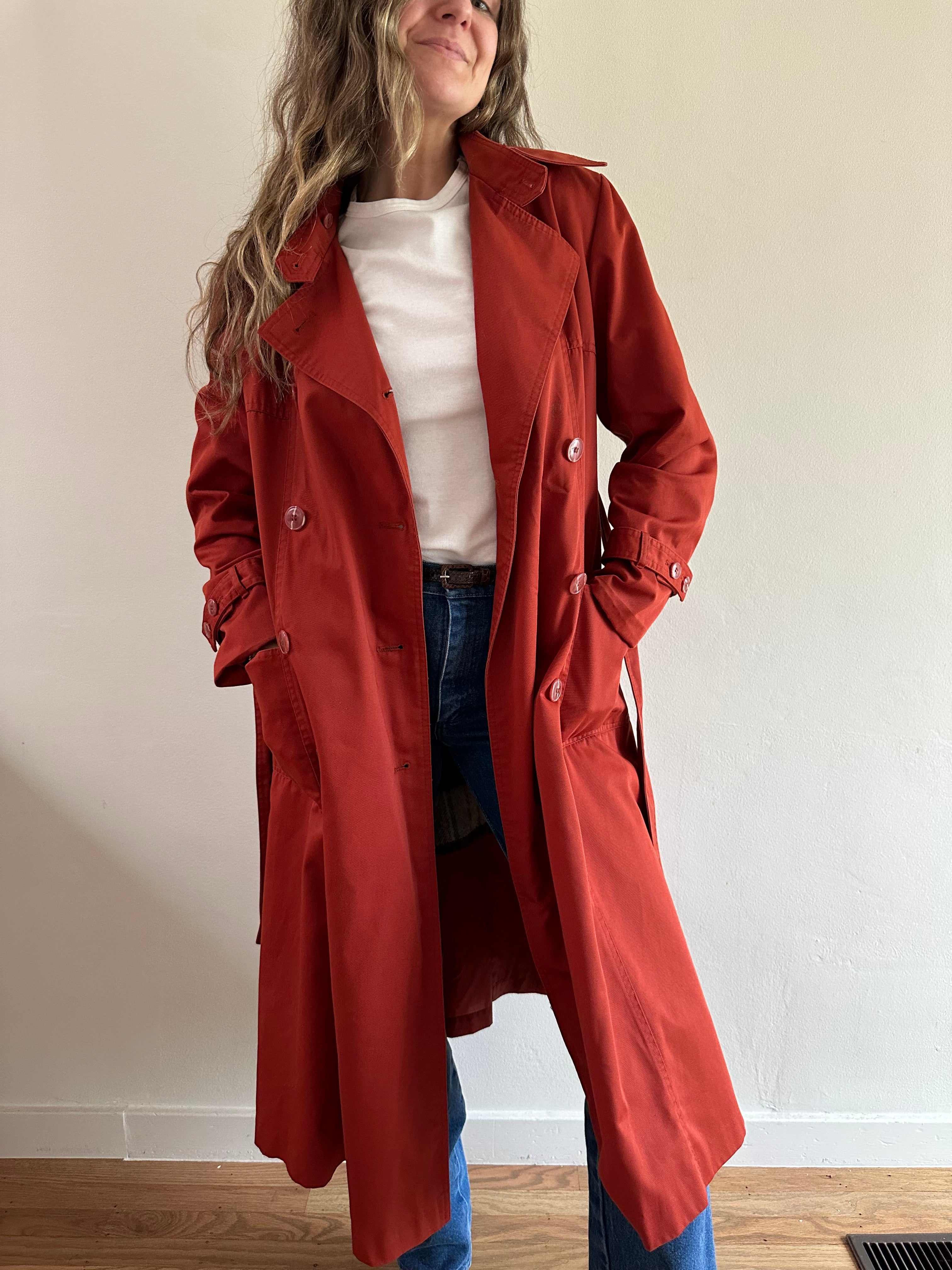 70s Red Trench Coat with Plaid Zip-Out Liner