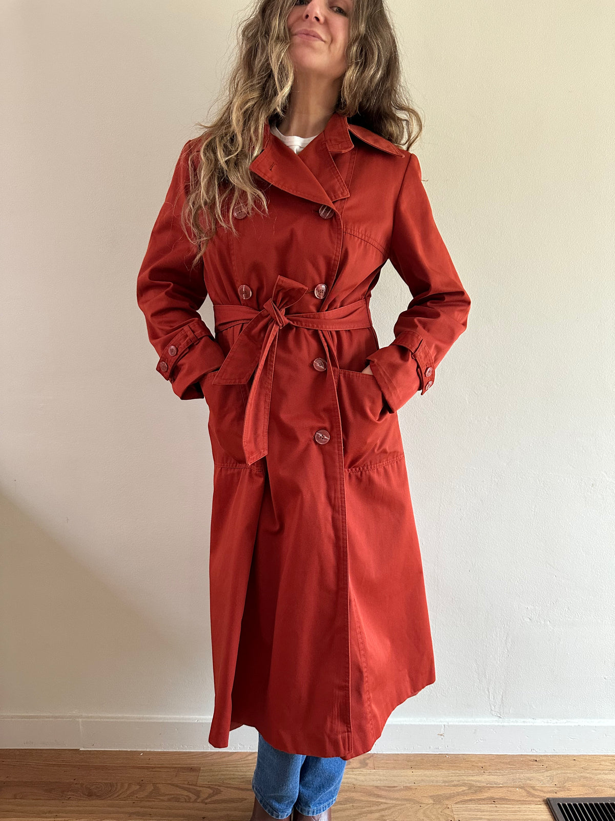 70s Red Trench Coat with Plaid Zip-Out Liner