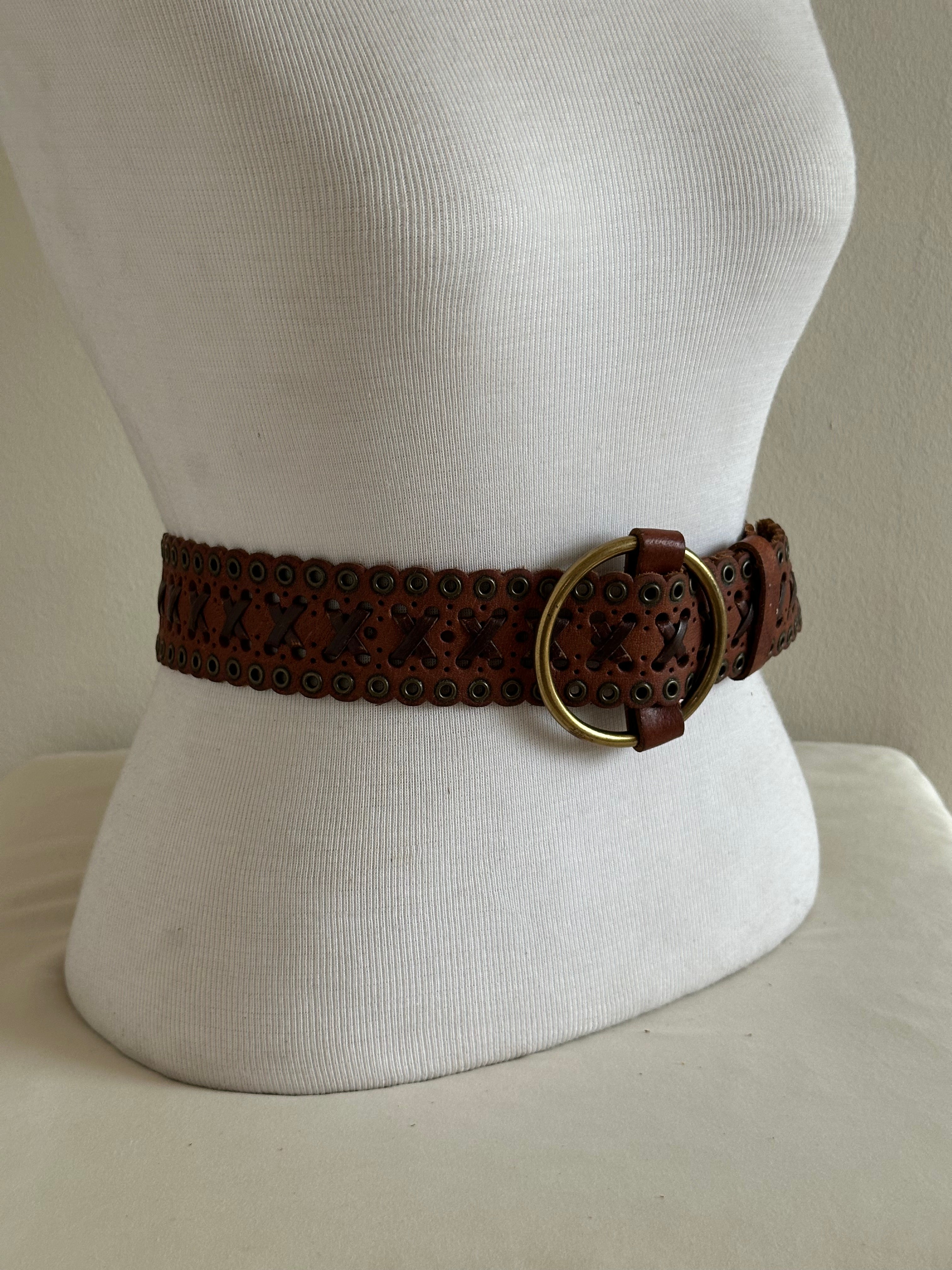 Wide Studded Leather Belt with Brass Ring Buckle
