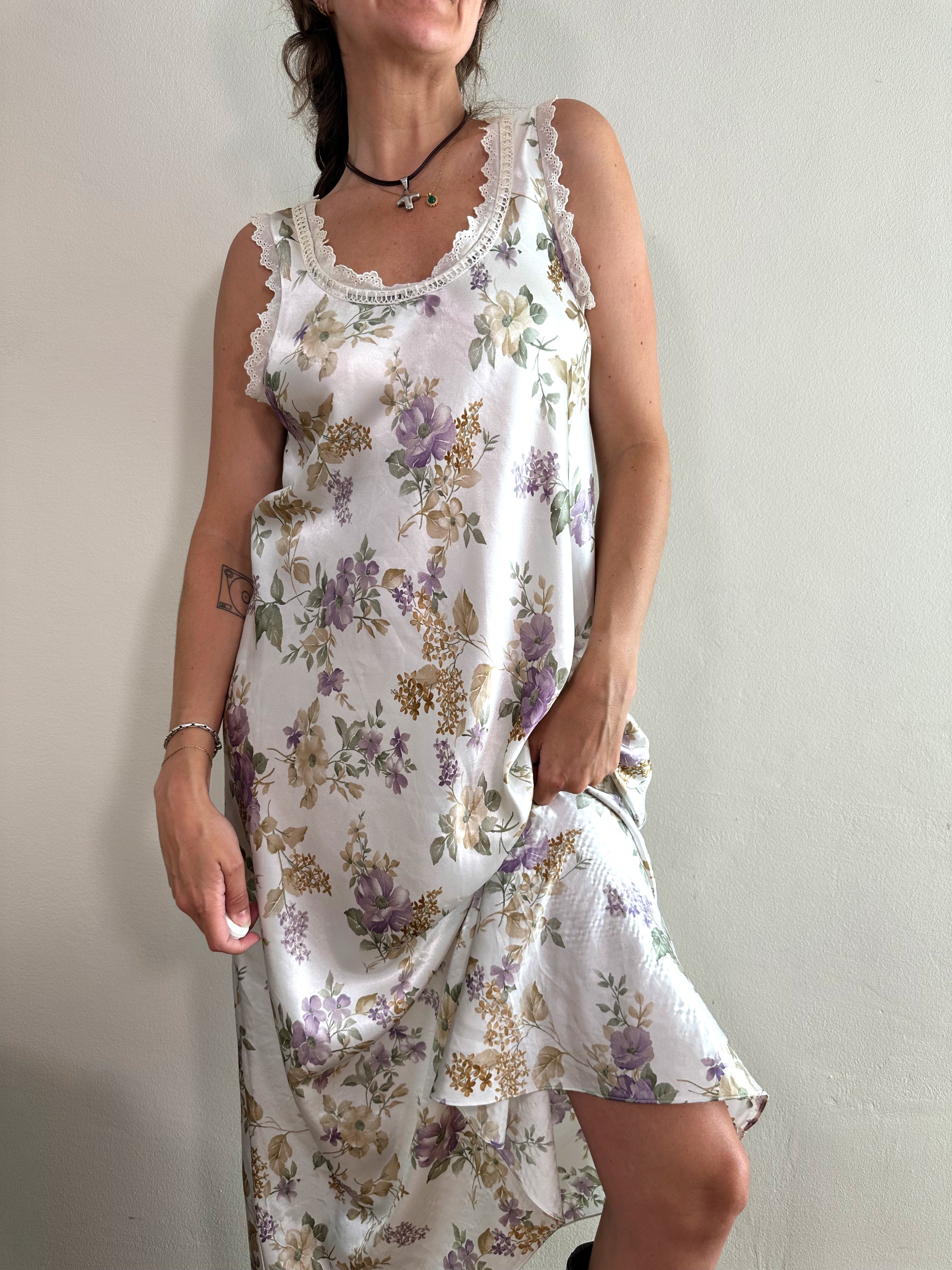 Vintage Floral Satin Slip Dress with Eyelet Trim