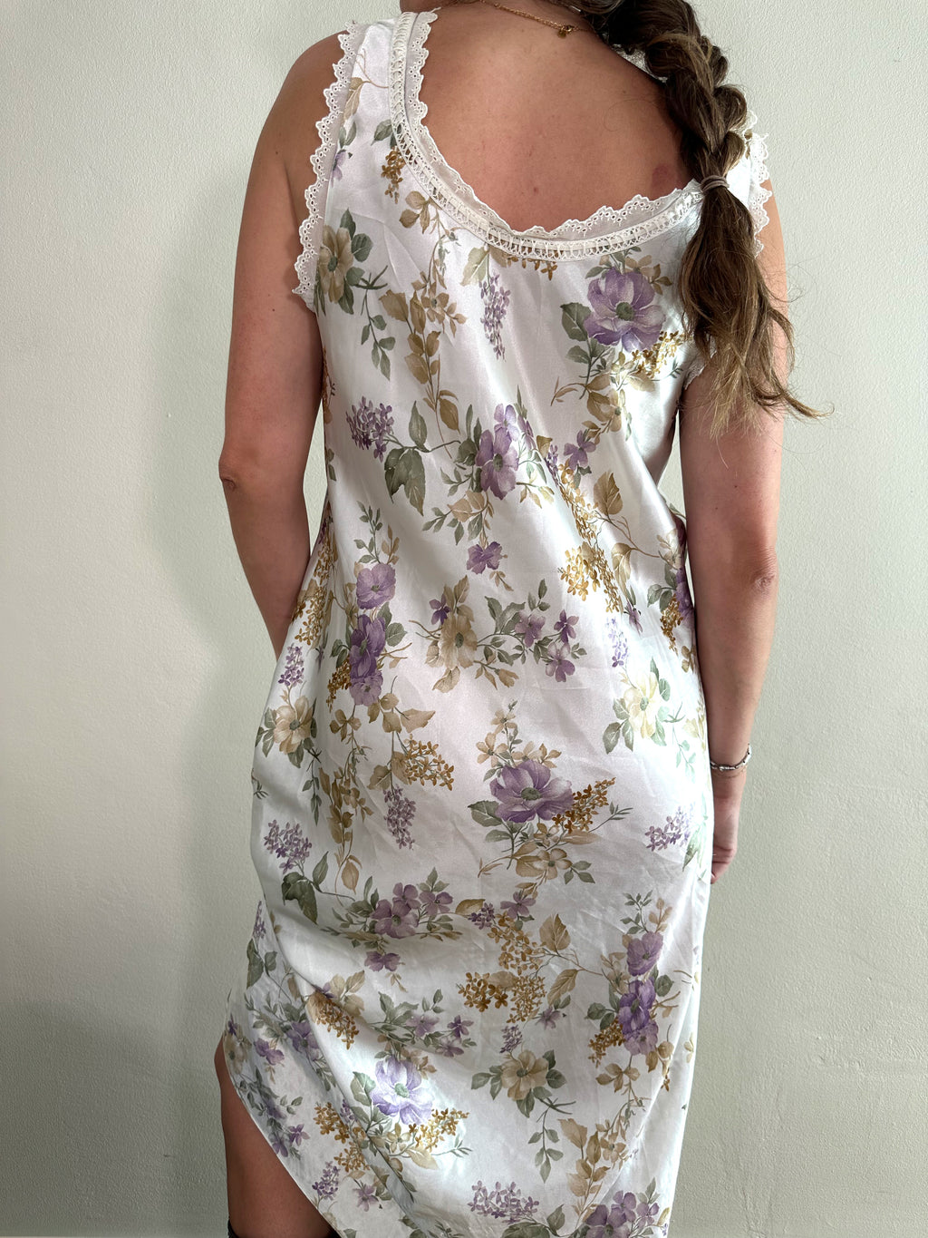 Vintage Floral Satin Slip Dress with Eyelet Trim