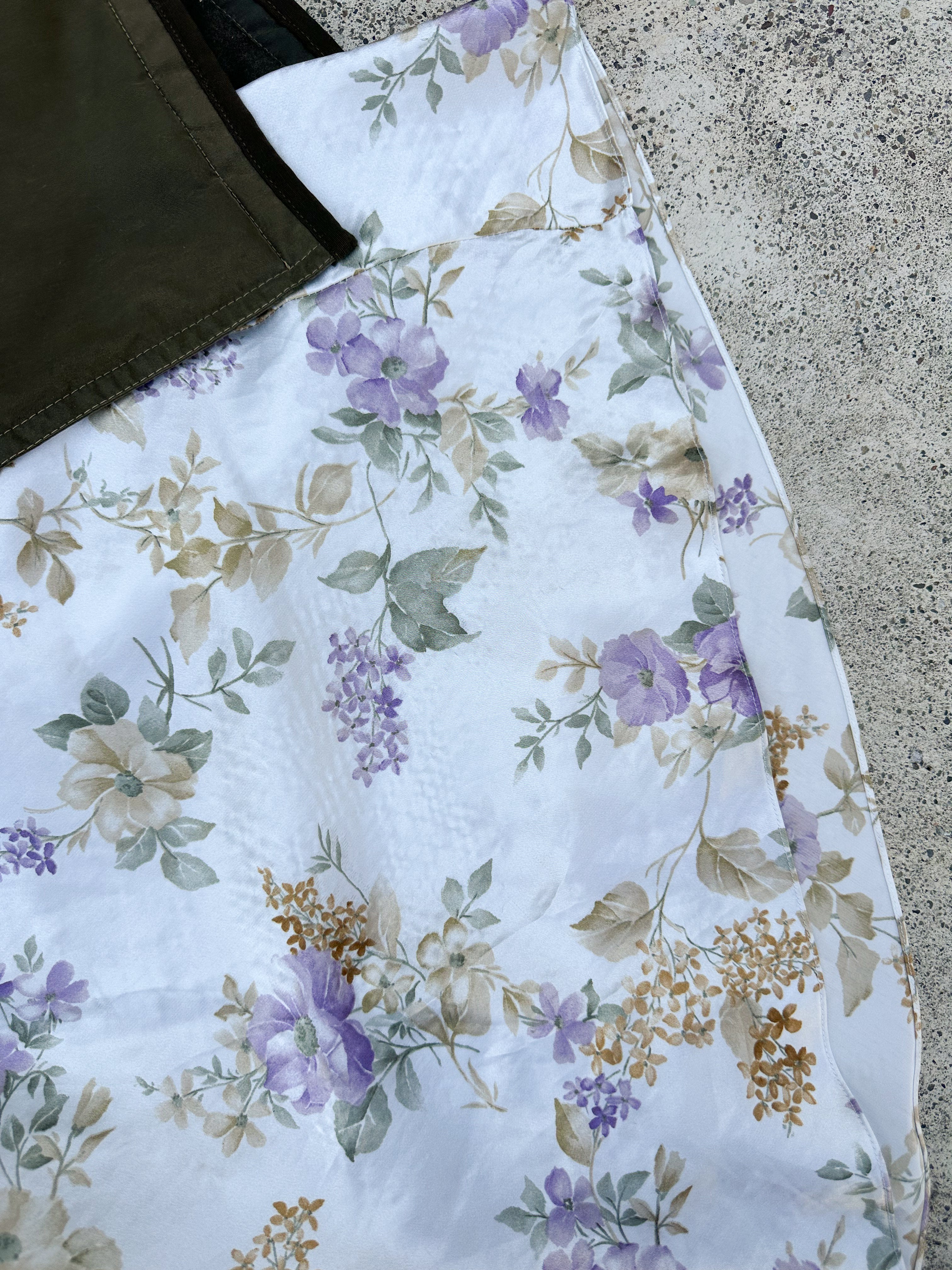 Vintage Floral Satin Slip Dress with Eyelet Trim