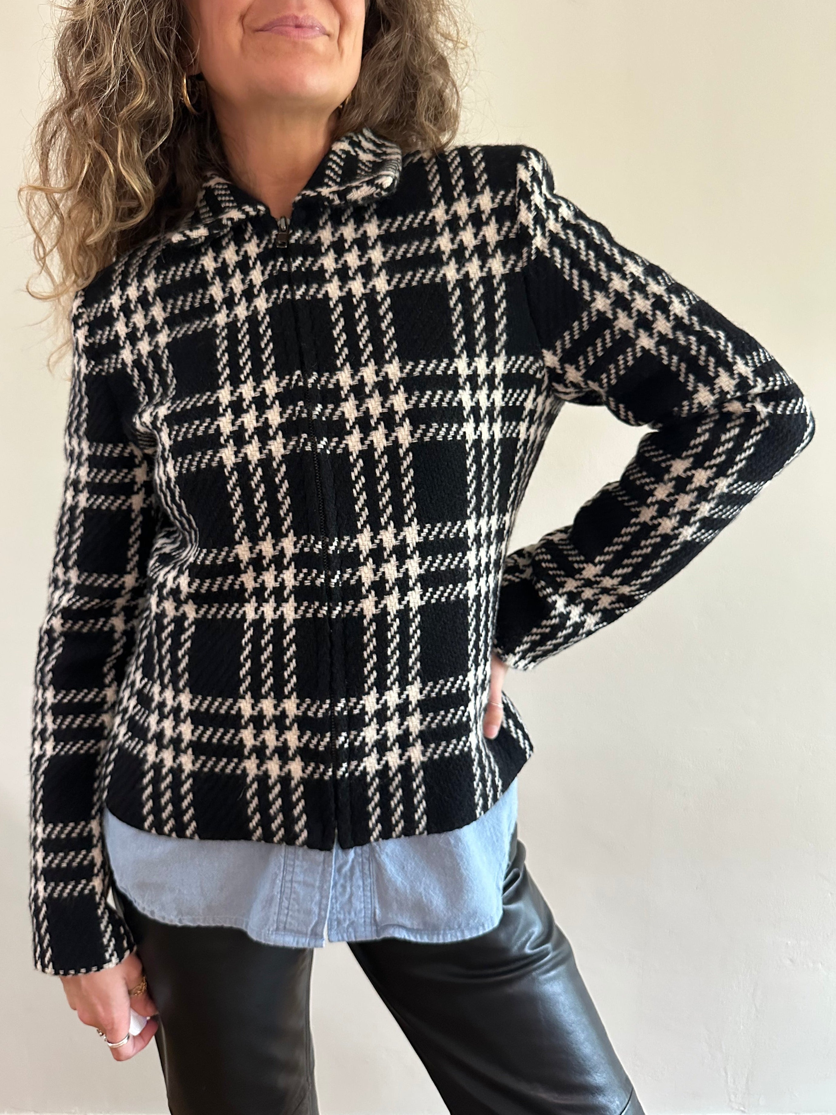 90s Black & Ivory Plaid Wool Jacket
