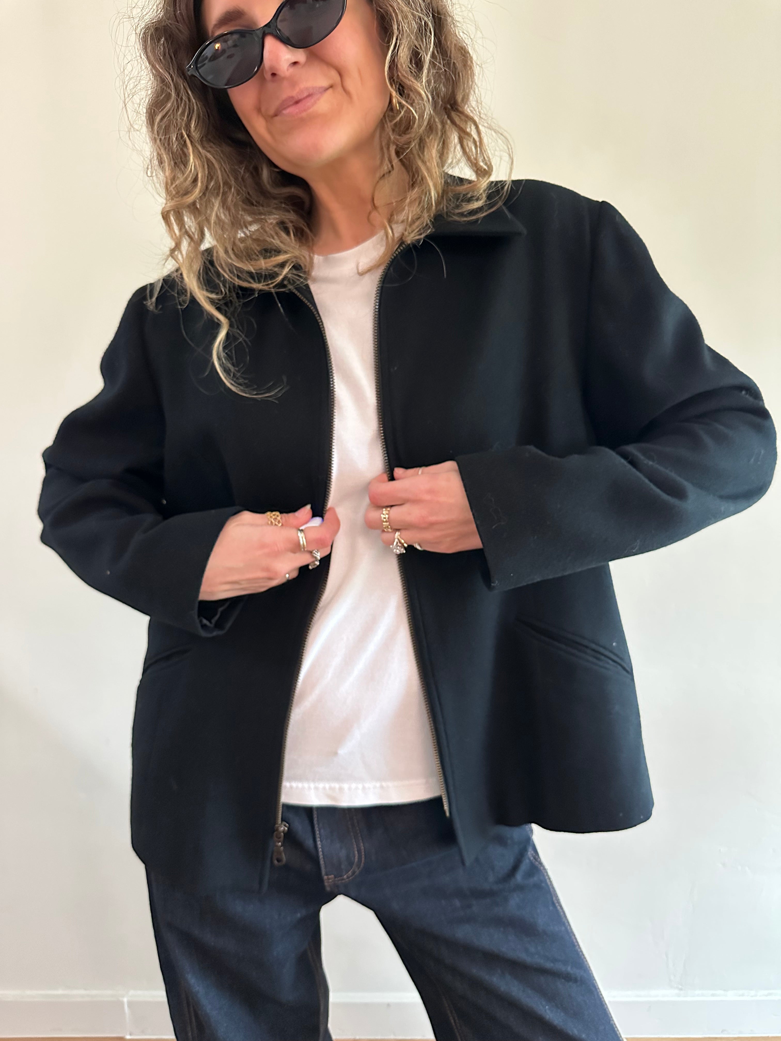 Black Wool Boxy Zip Jacket