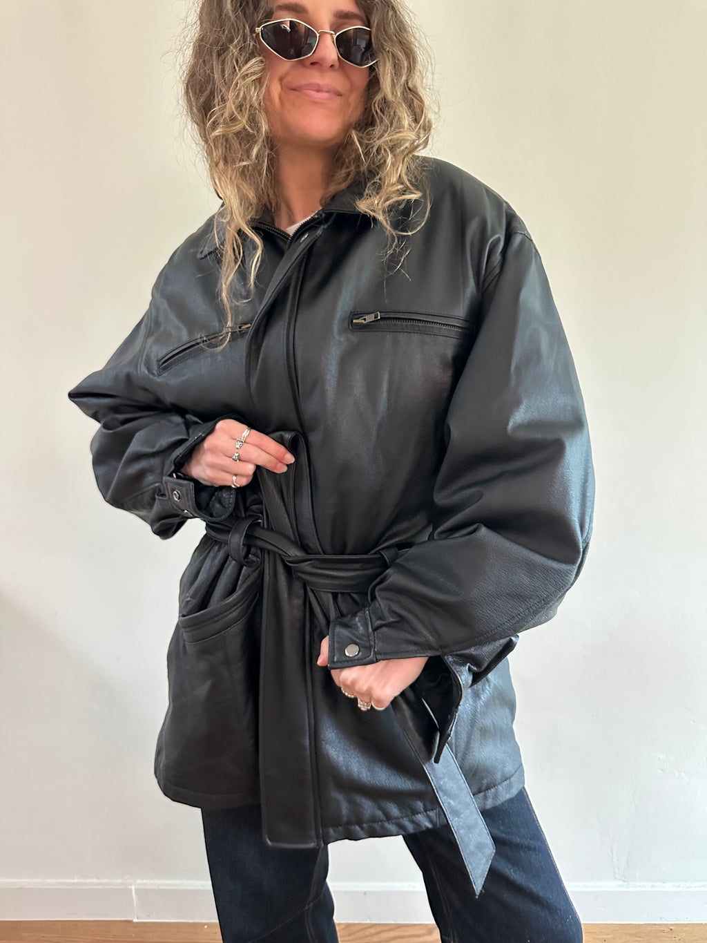 Wilsons Black Leather Belted Coat