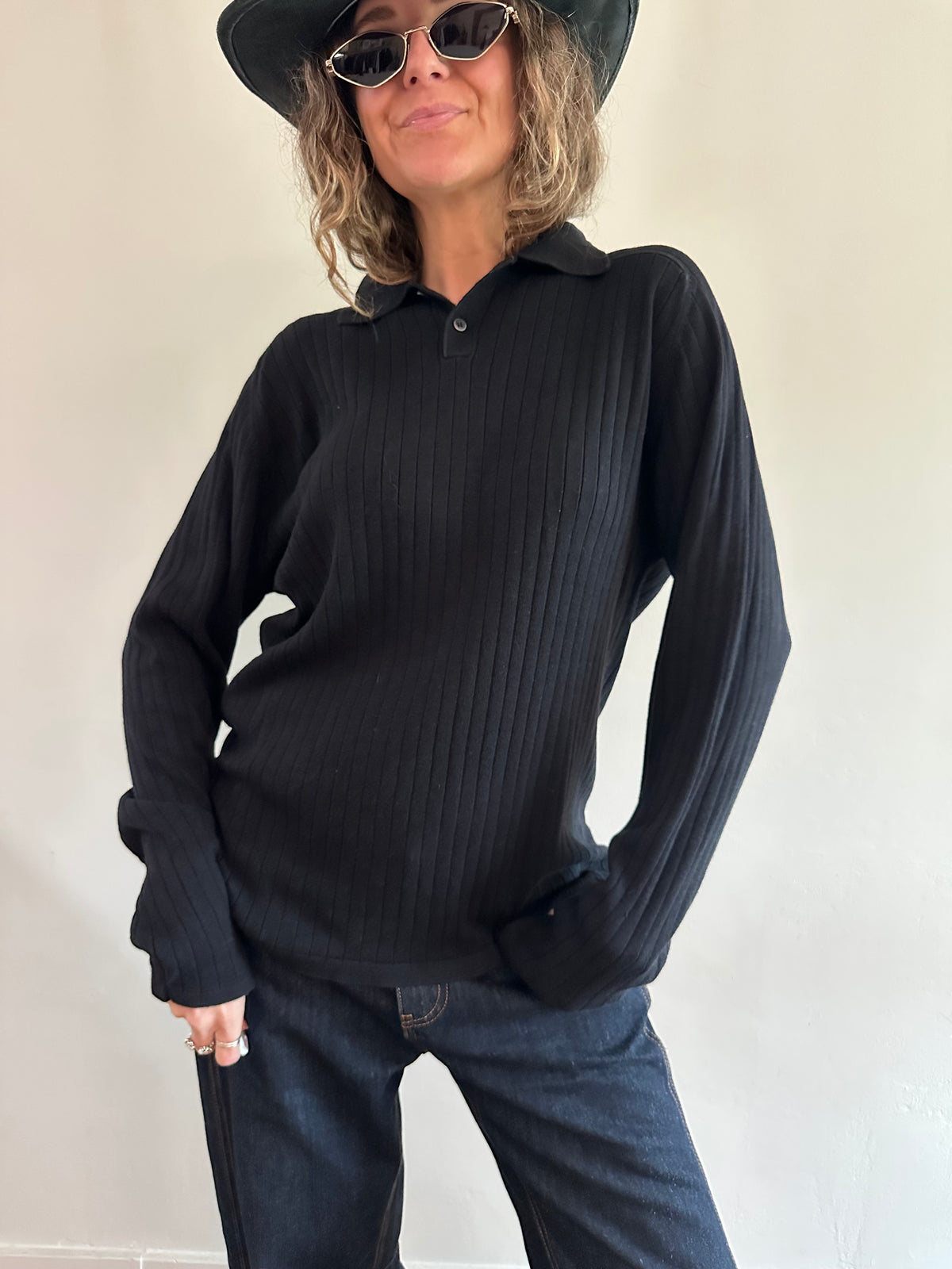 Silk-Cotton Ribbed Polo Sweater