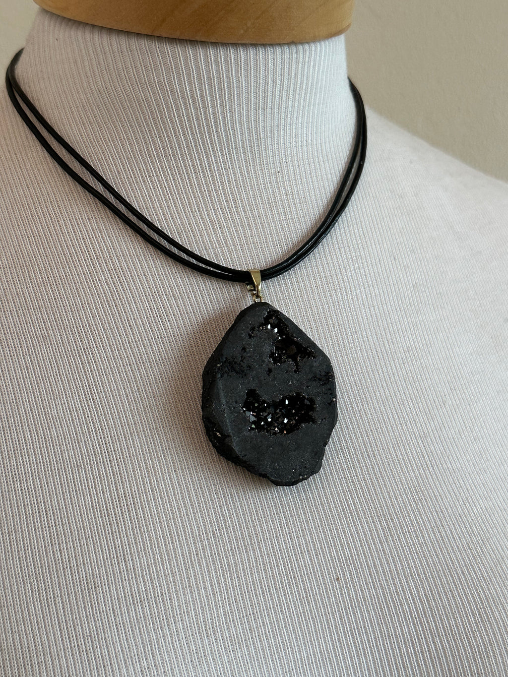 Black Druzy Quartz Pendant on Leather Cord