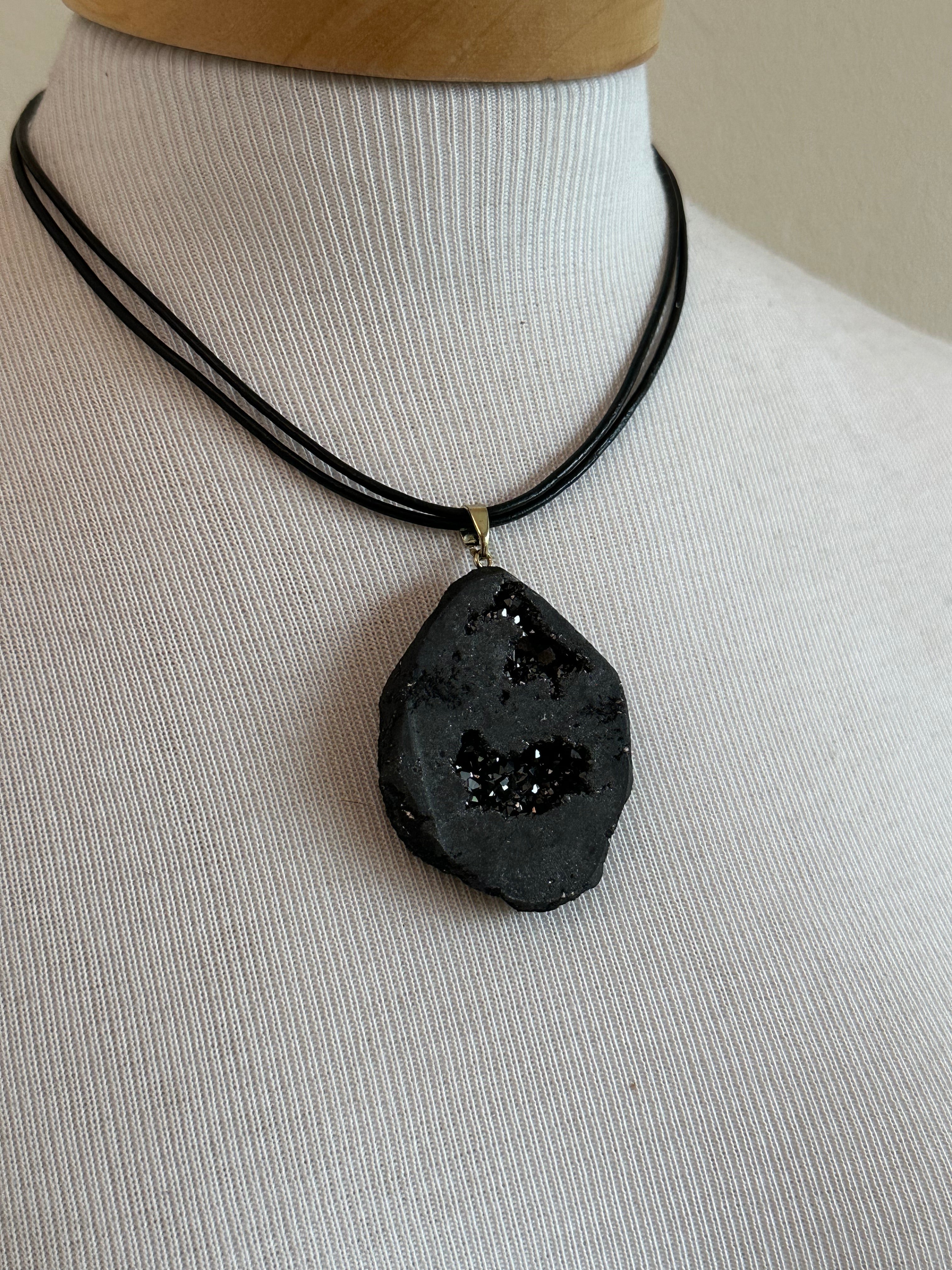 Black Druzy Quartz Pendant on Leather Cord