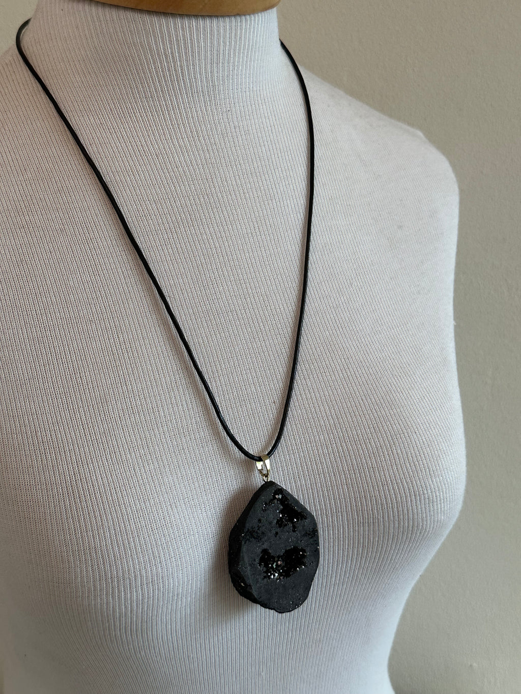 Black Druzy Quartz Pendant on Leather Cord