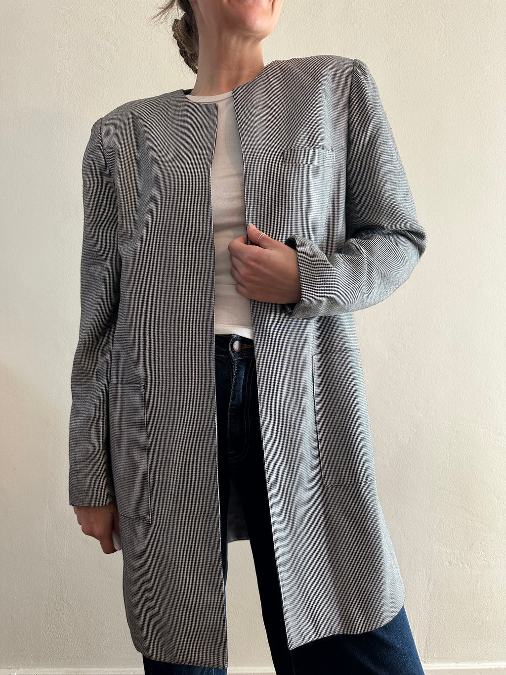 Micro Check Collarless Longline Jacket