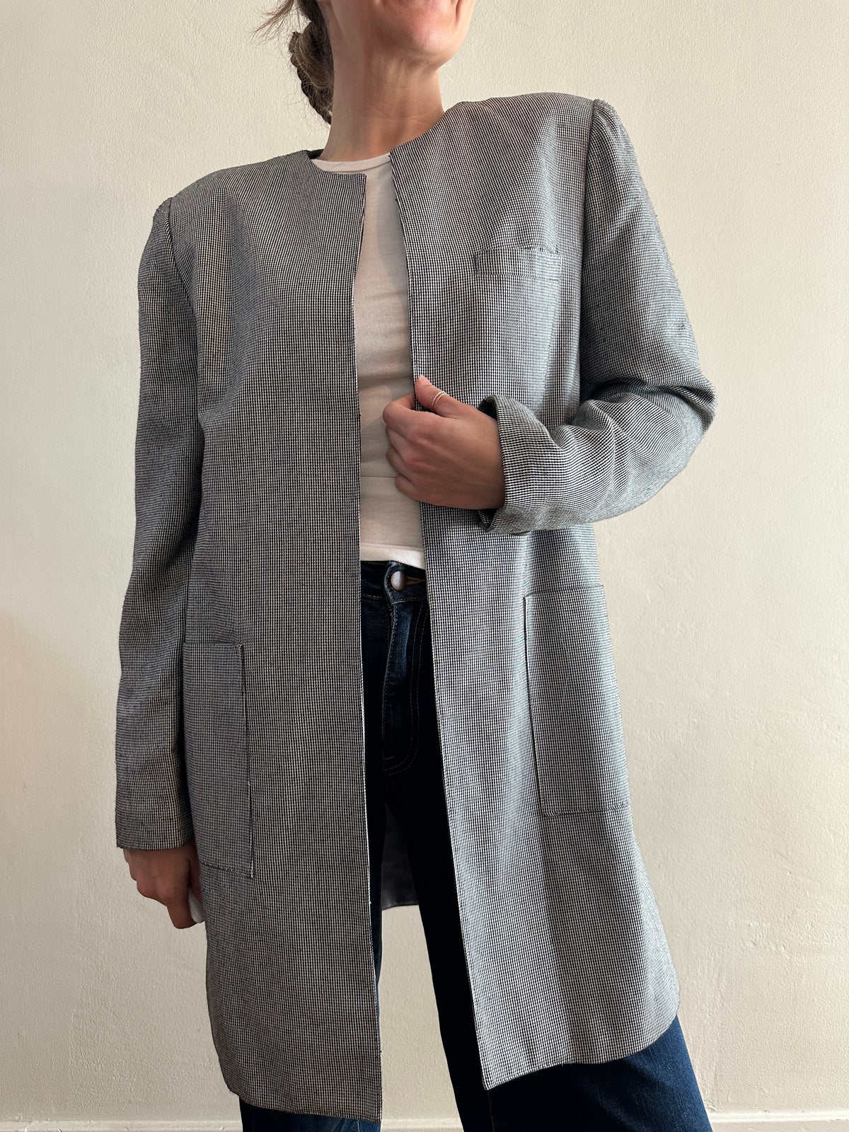 Micro Check Collarless Longline Jacket