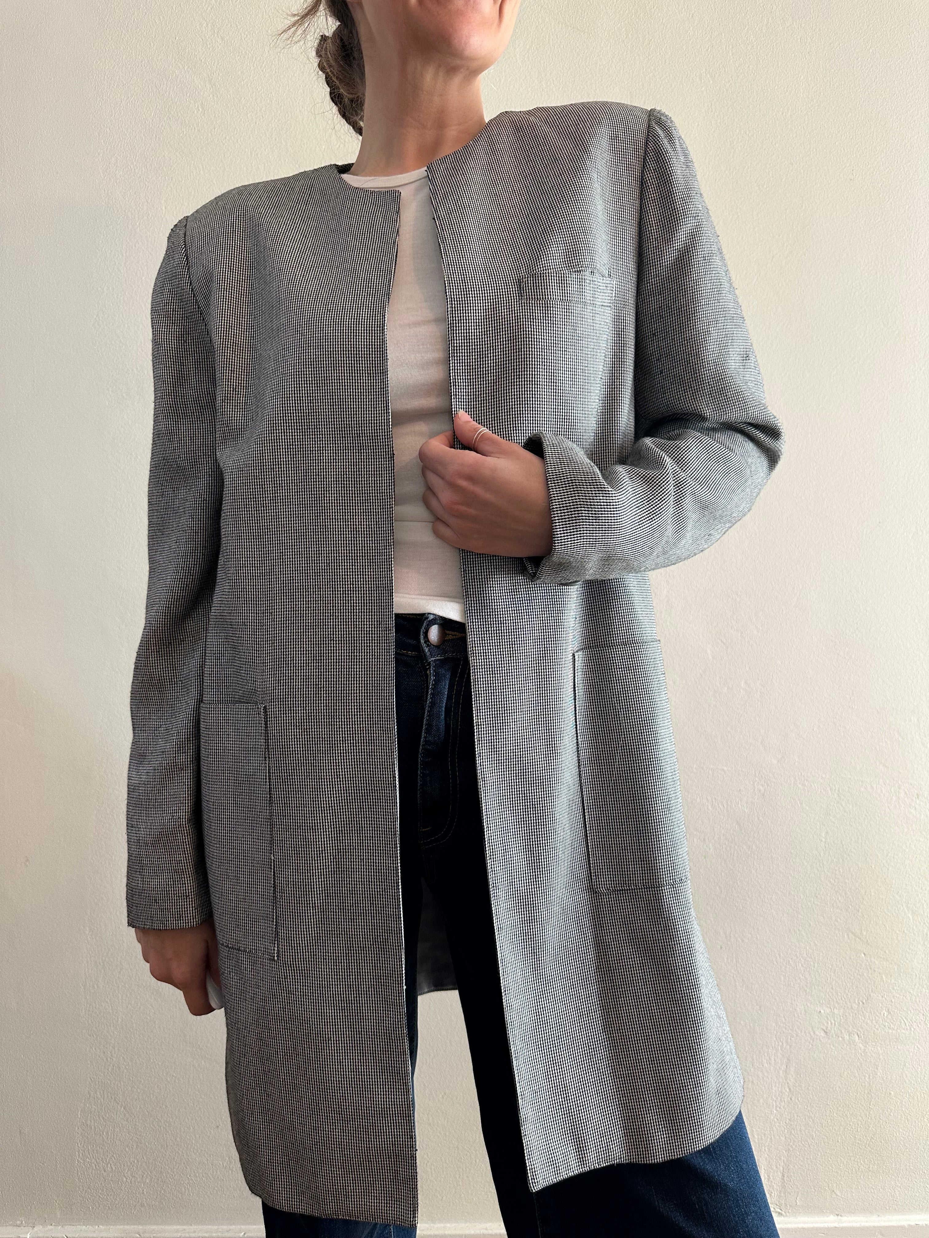 Micro Check Collarless Longline Jacket
