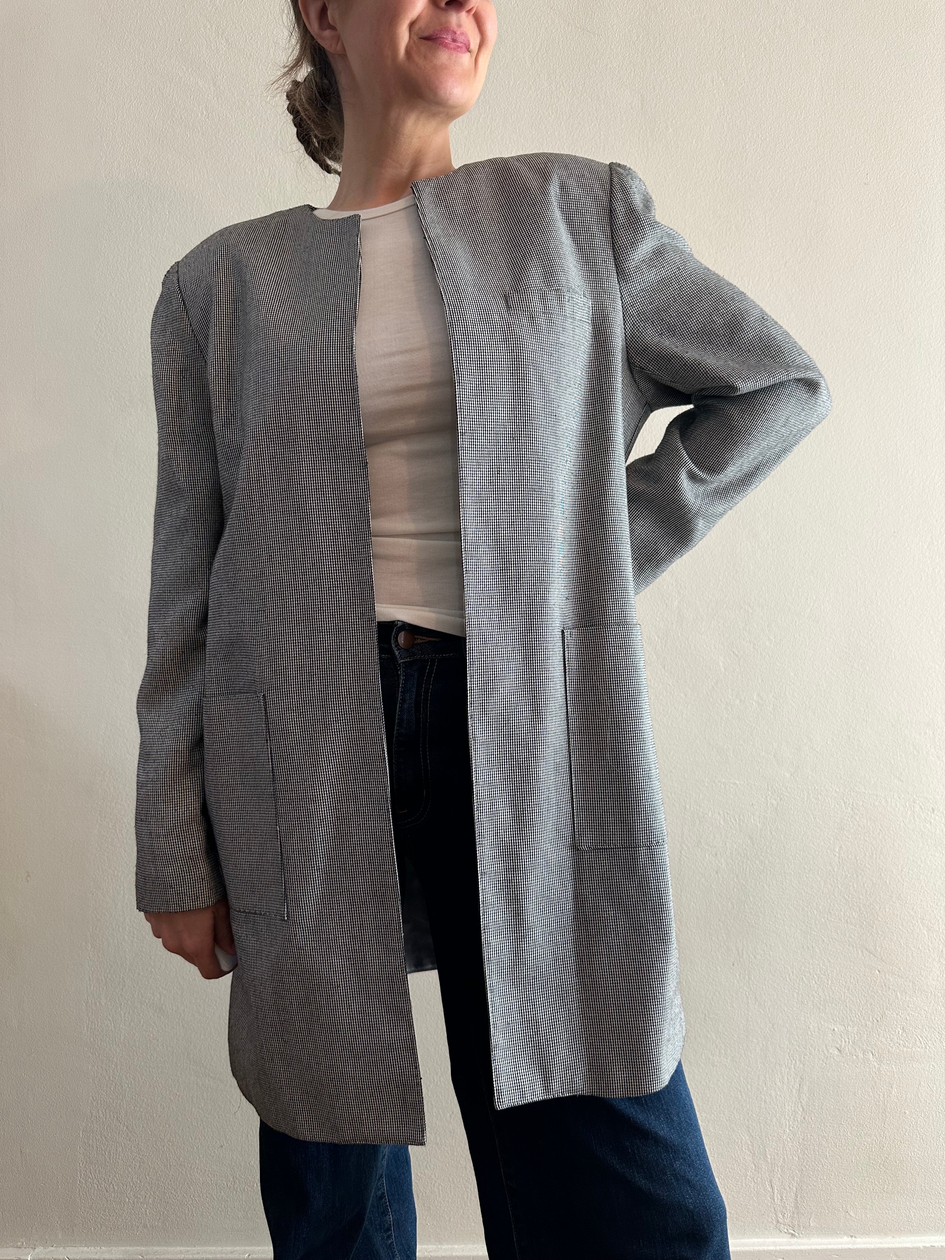Micro Check Collarless Longline Jacket