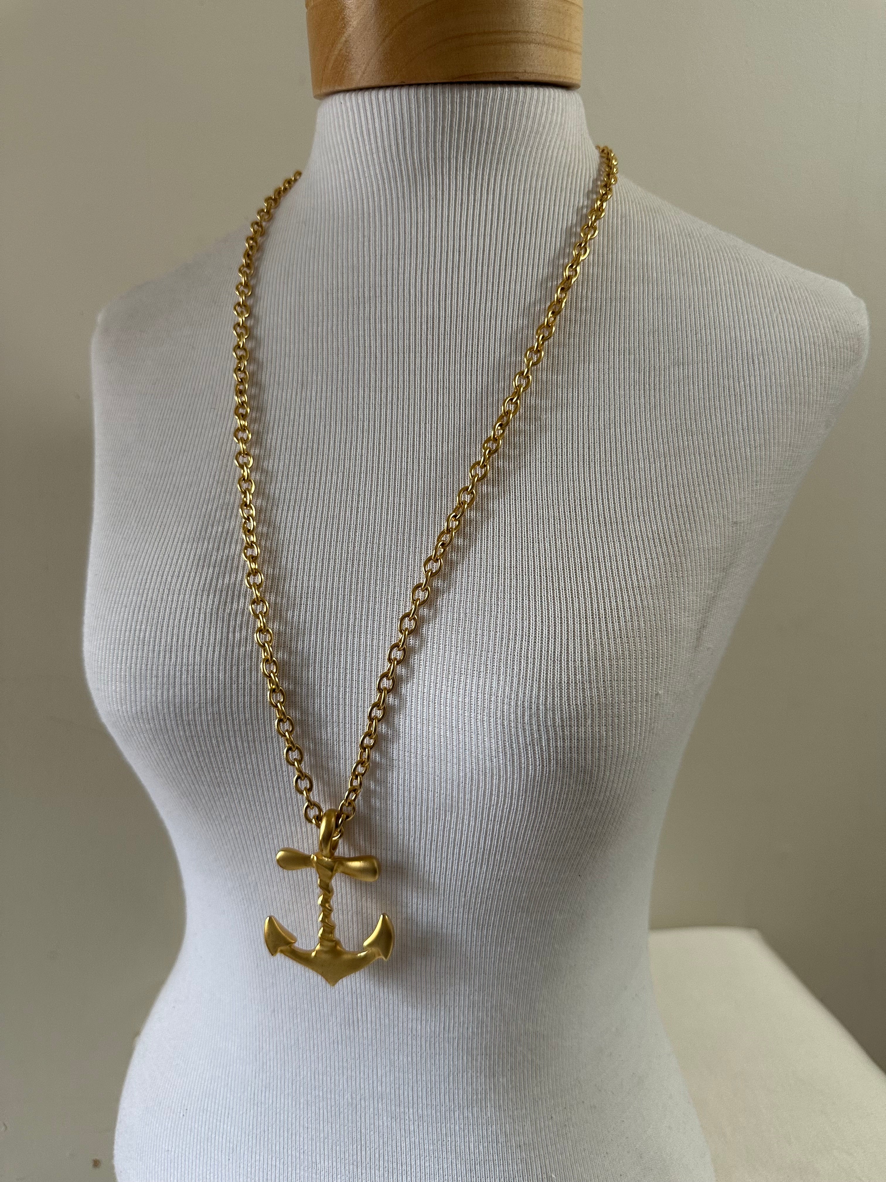 Vintage Brushed Gold Anchor Pendant Necklace
