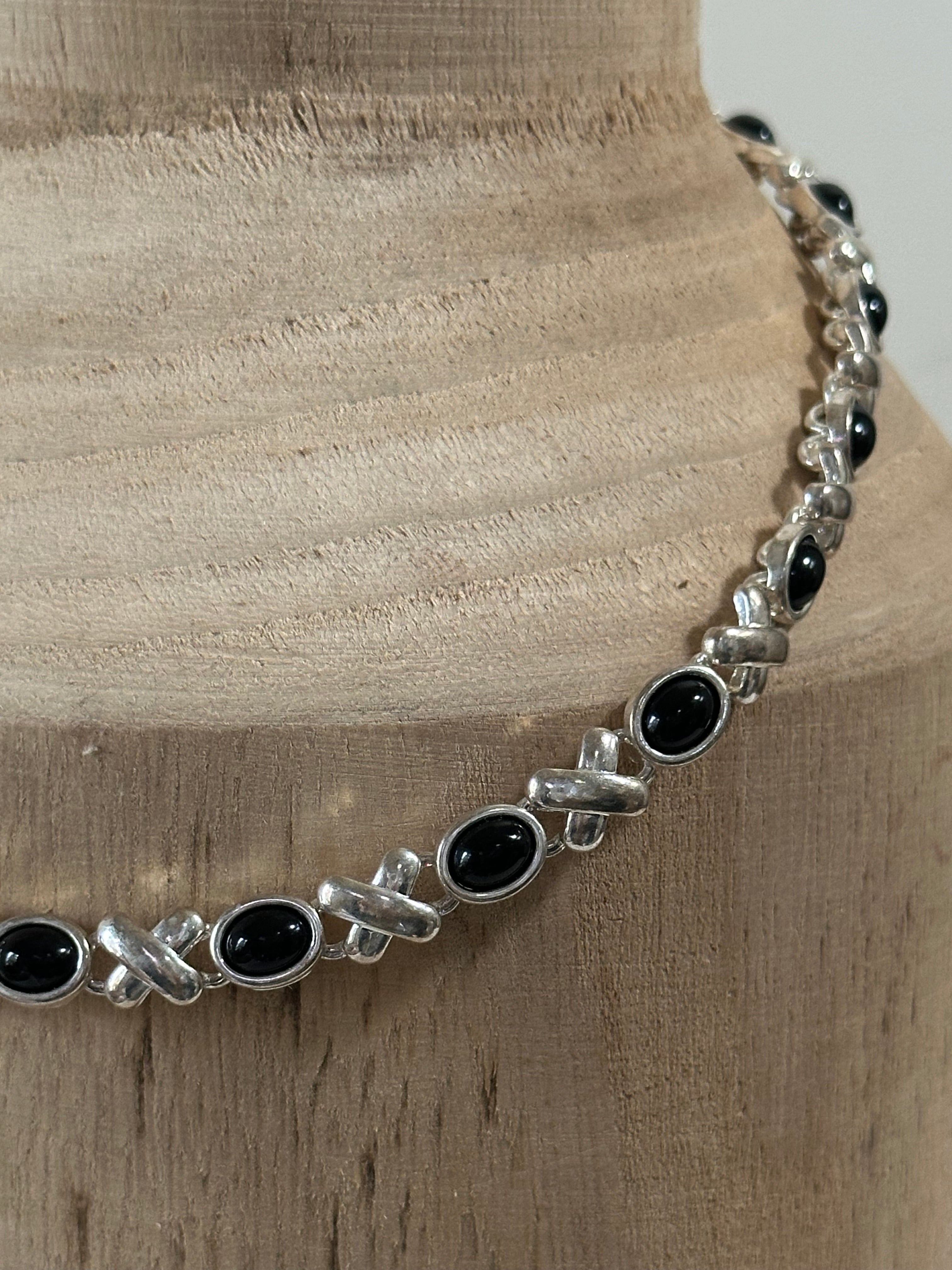 Silver-tone & Black Cabochon Link Necklace