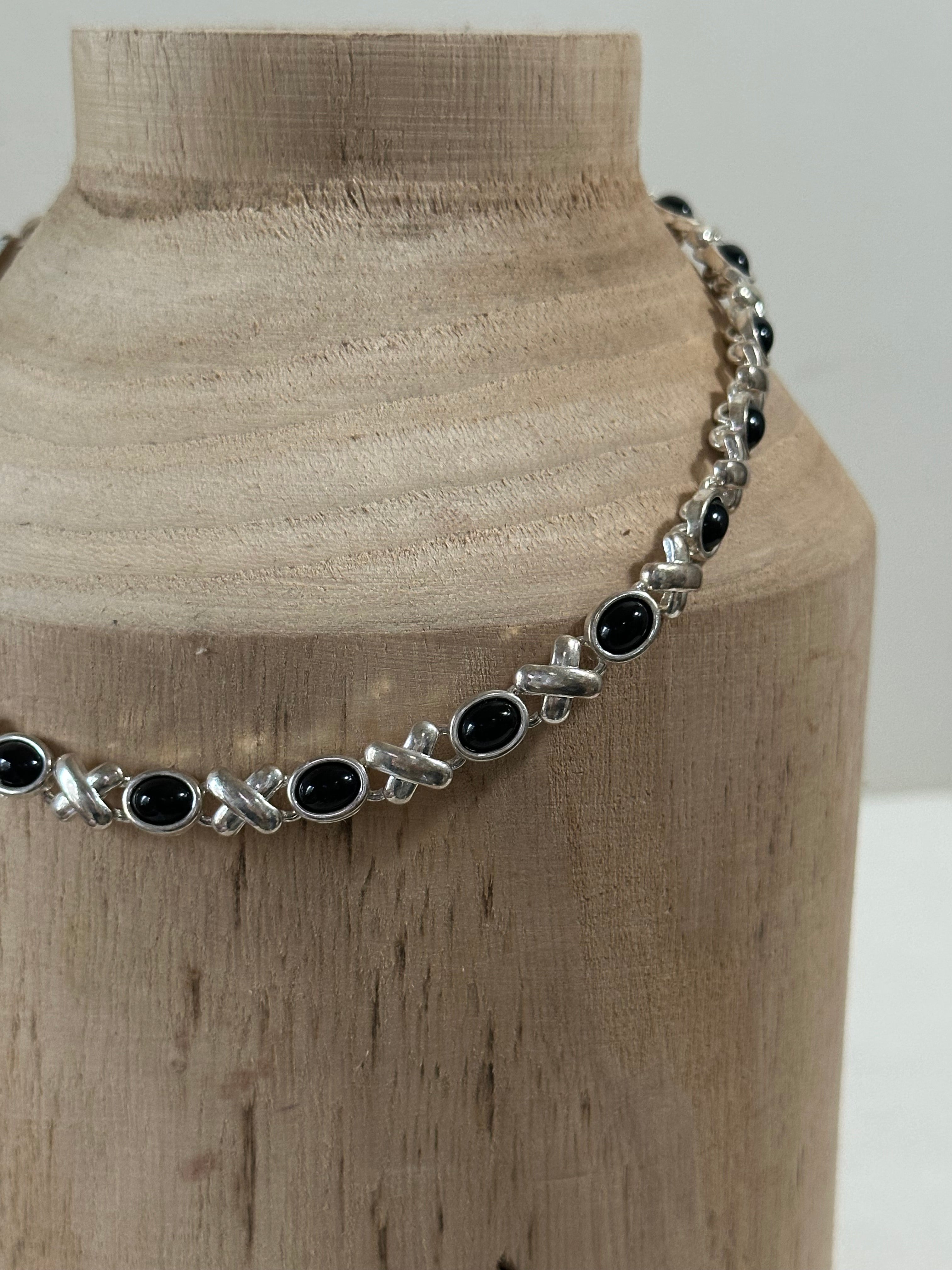 Silver-tone & Black Cabochon Link Necklace