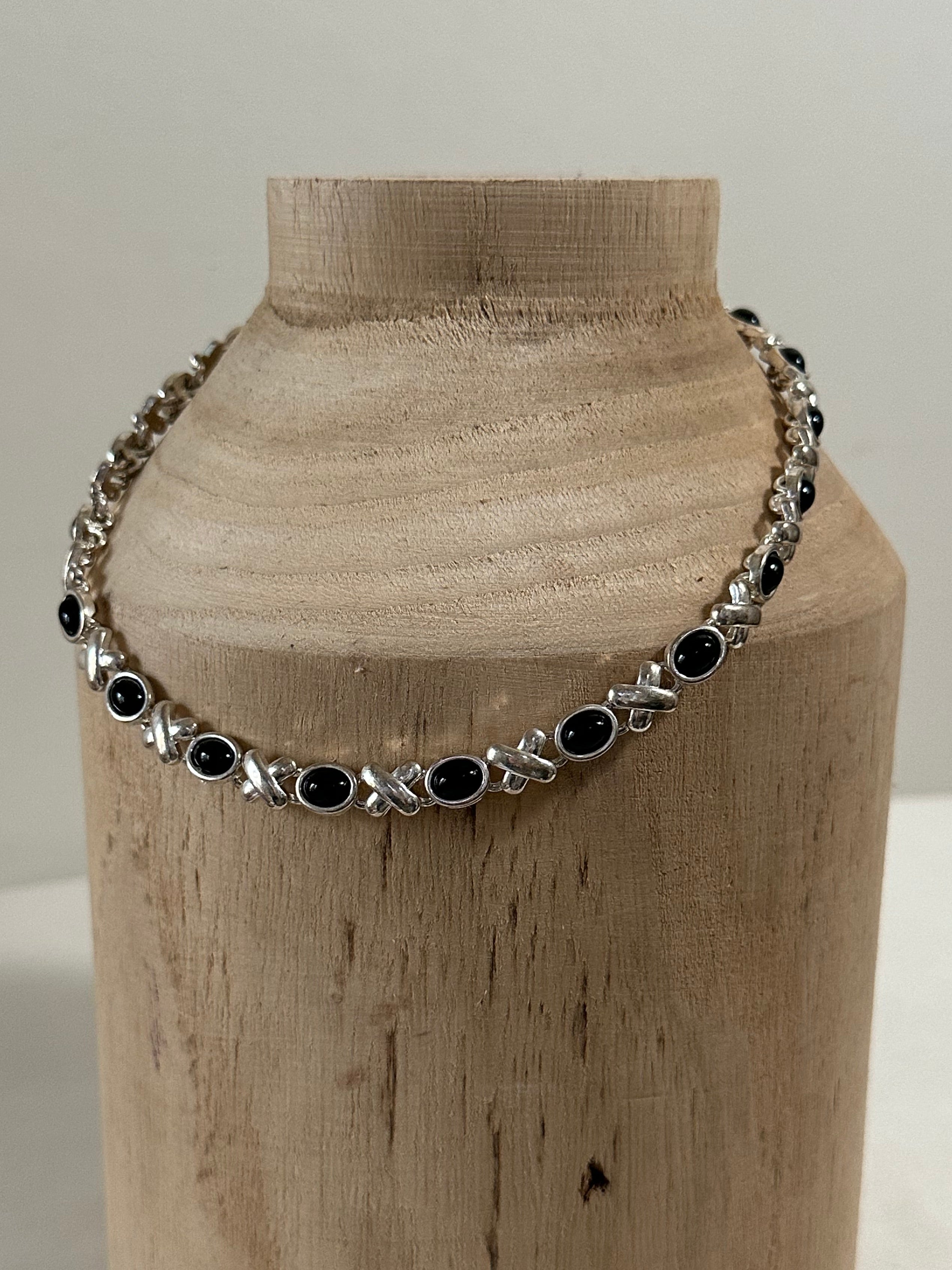 Silver-tone & Black Cabochon Link Necklace