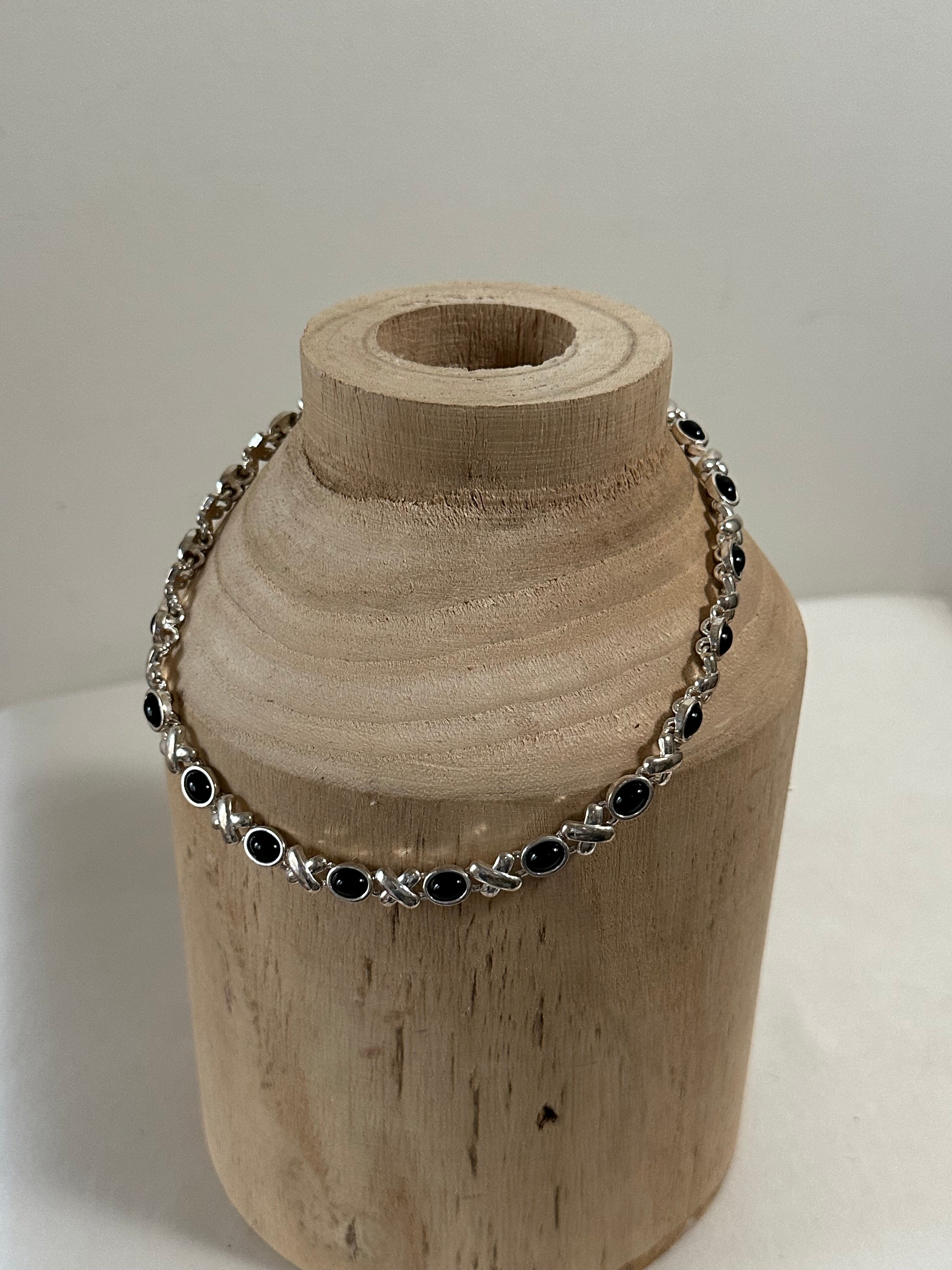 Silver-tone & Black Cabochon Link Necklace