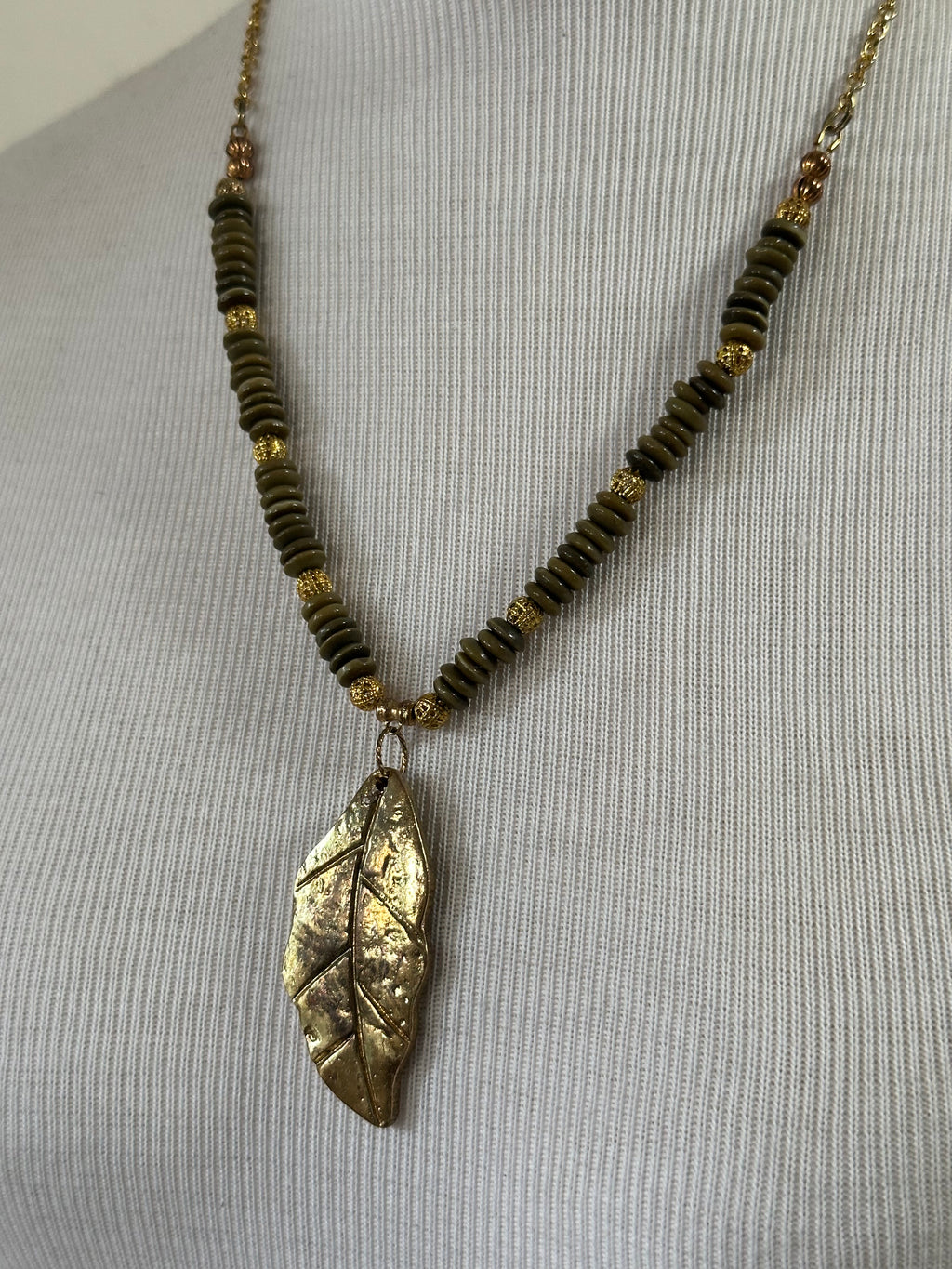 Earthtone Beaded Leaf Pendant Necklace