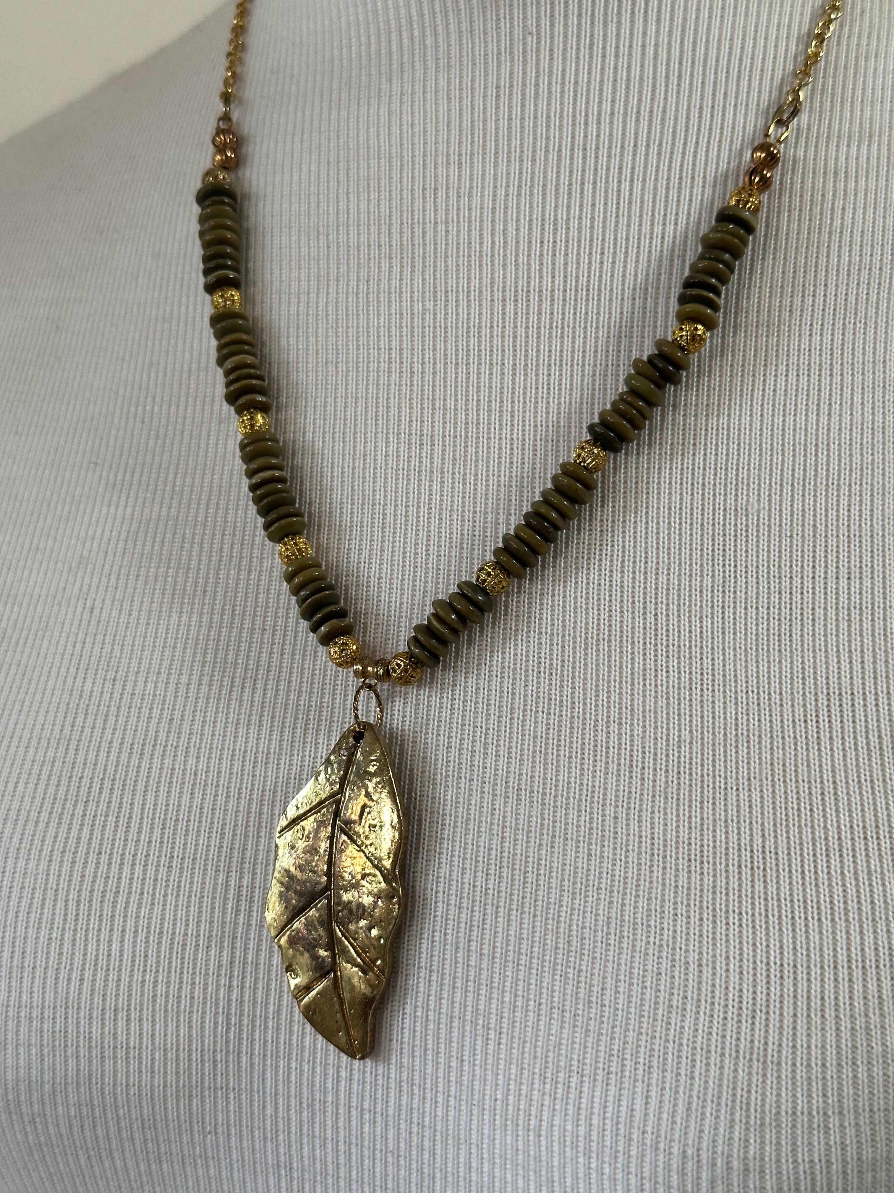 Earthtone Beaded Leaf Pendant Necklace