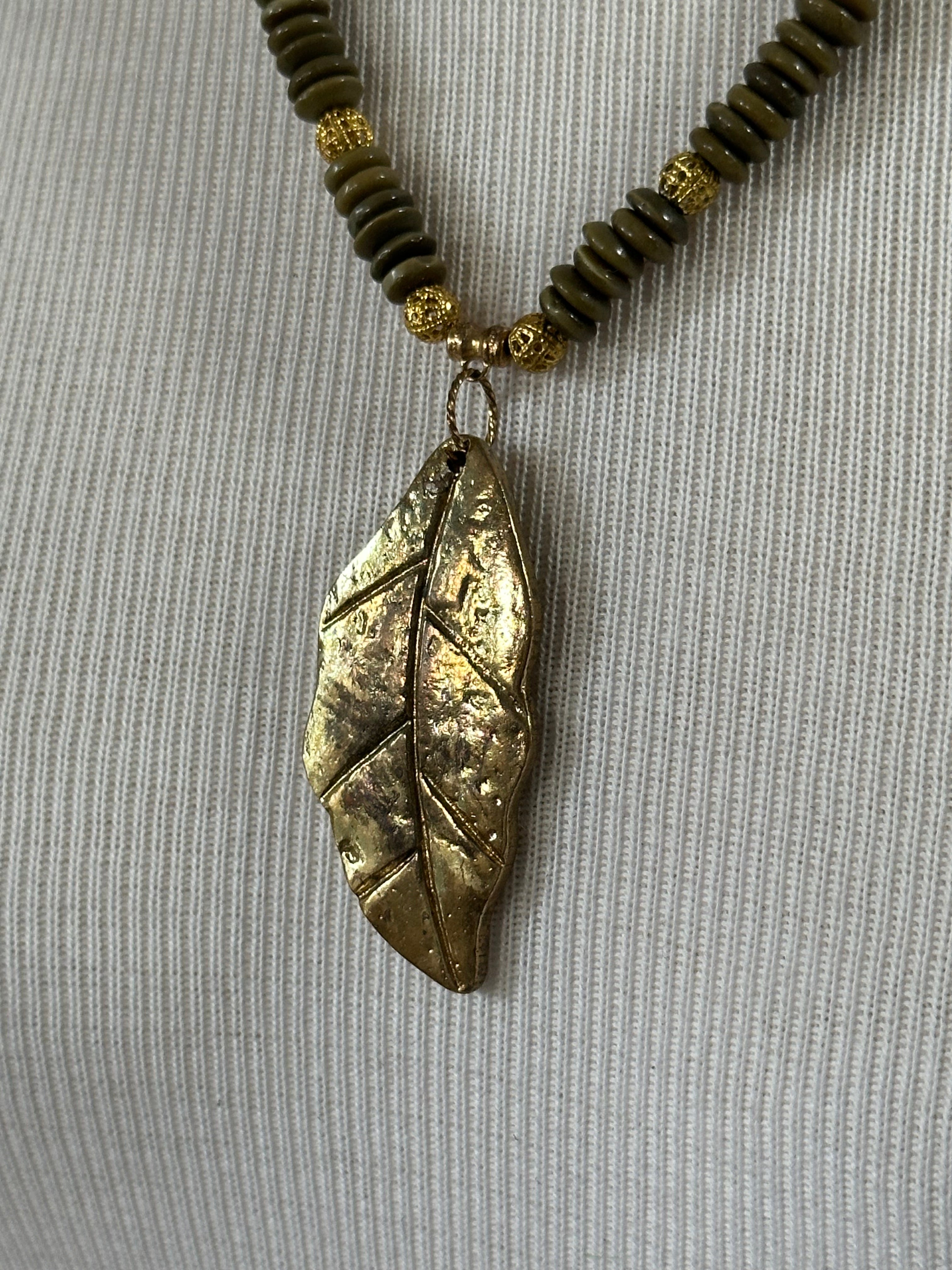 Earthtone Beaded Leaf Pendant Necklace