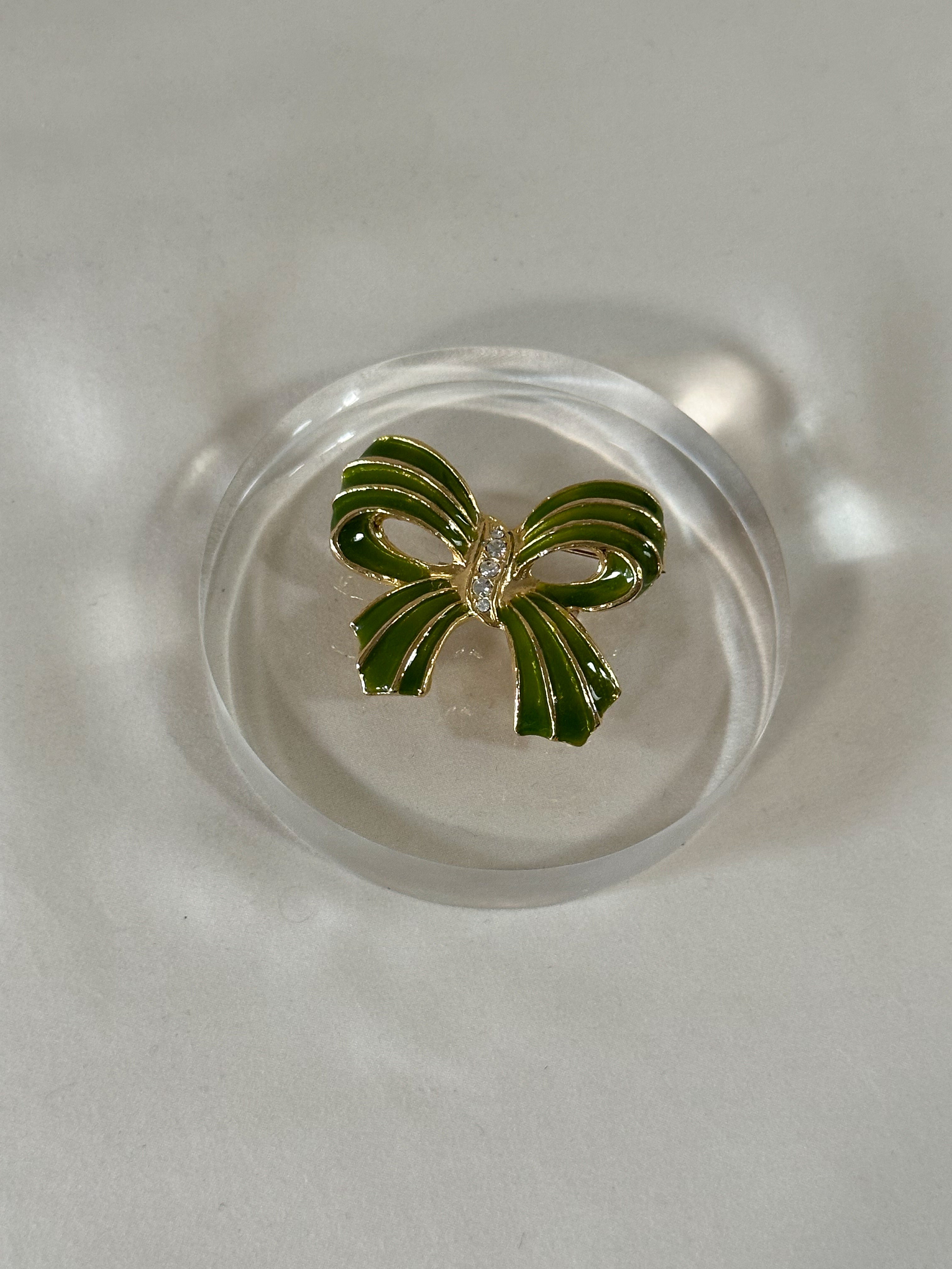 Green Enamel Crystal Bow Brooch