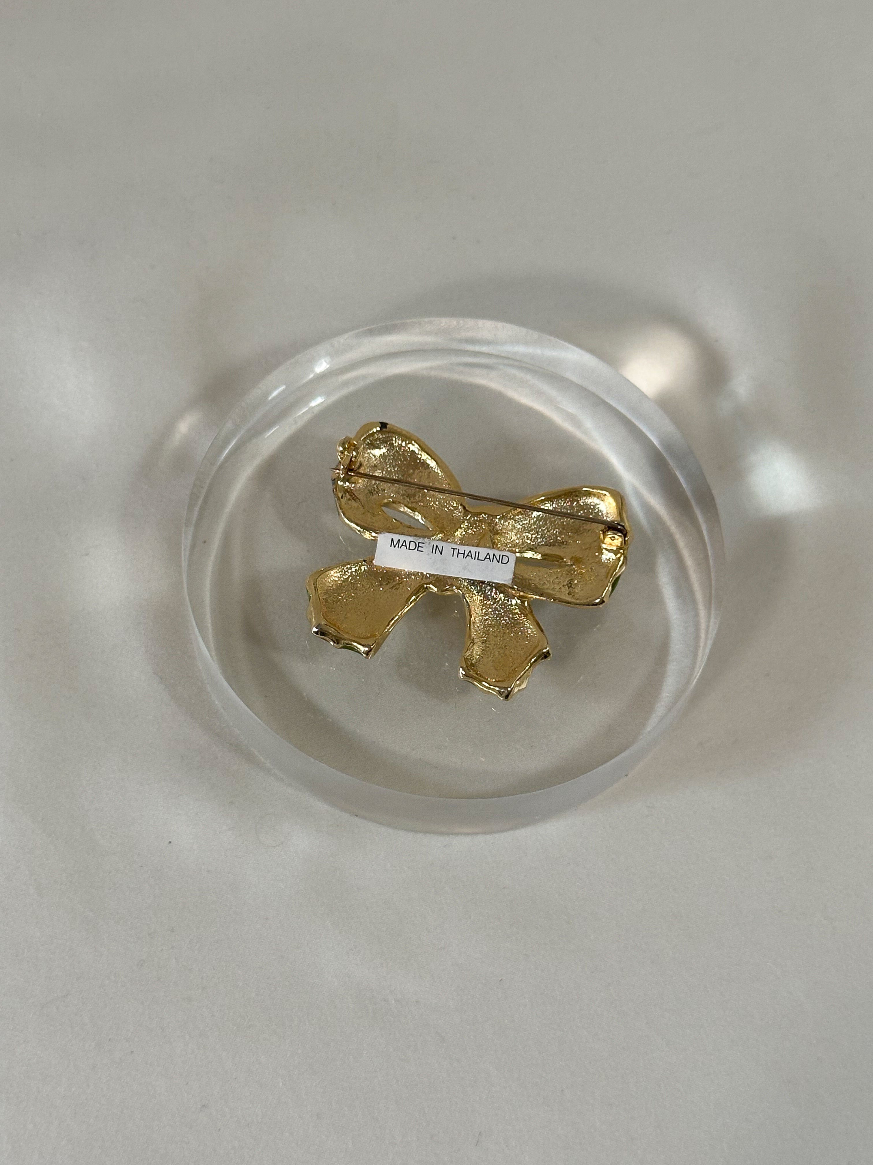 Green Enamel Crystal Bow Brooch