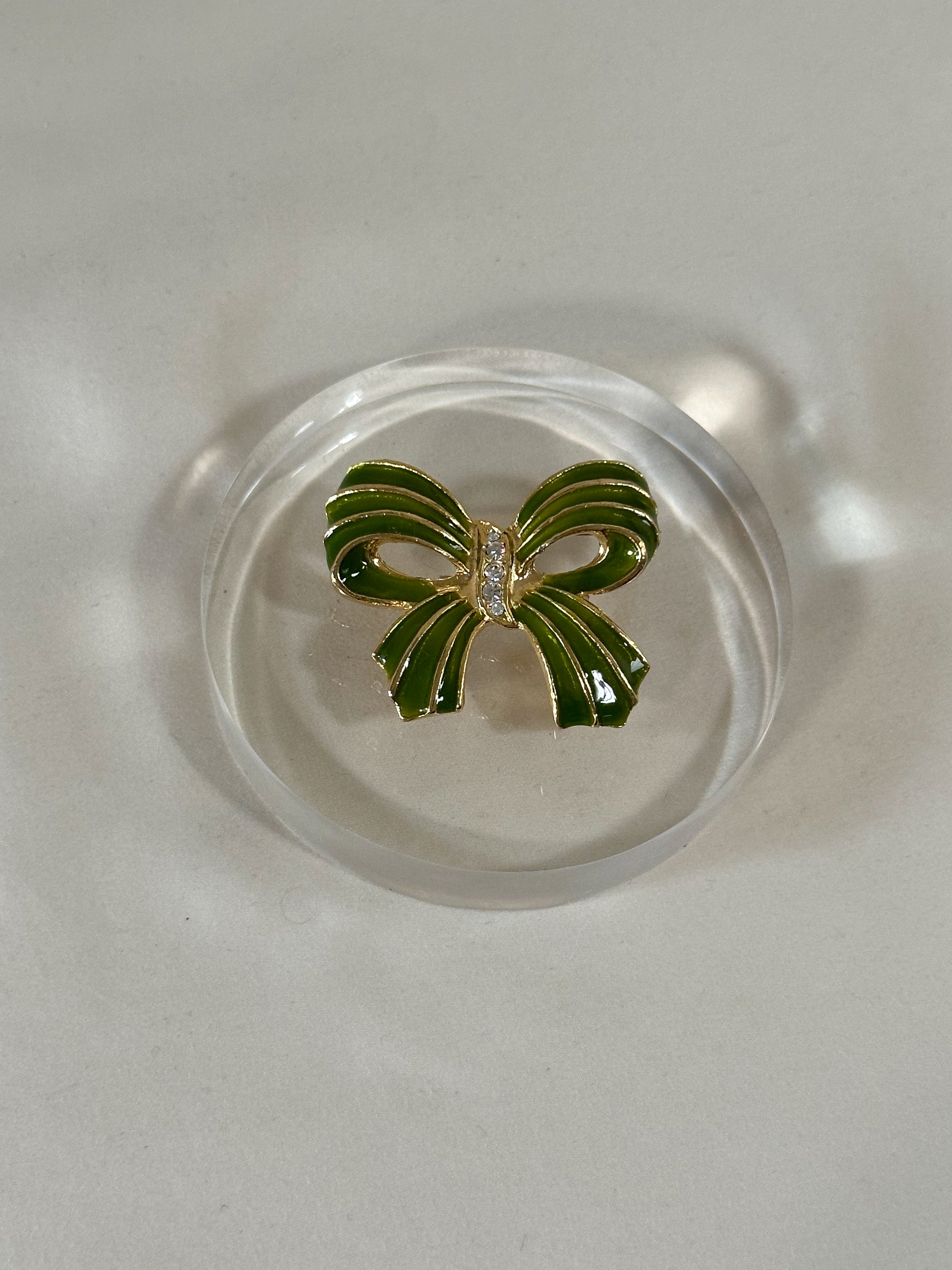 Green Enamel Crystal Bow Brooch