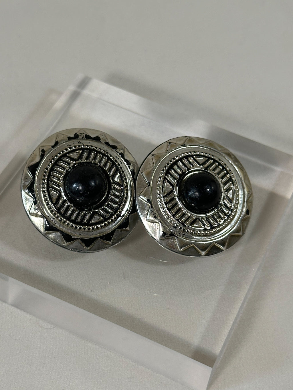 Vintage Silver & Black Tribal Disc Earrings