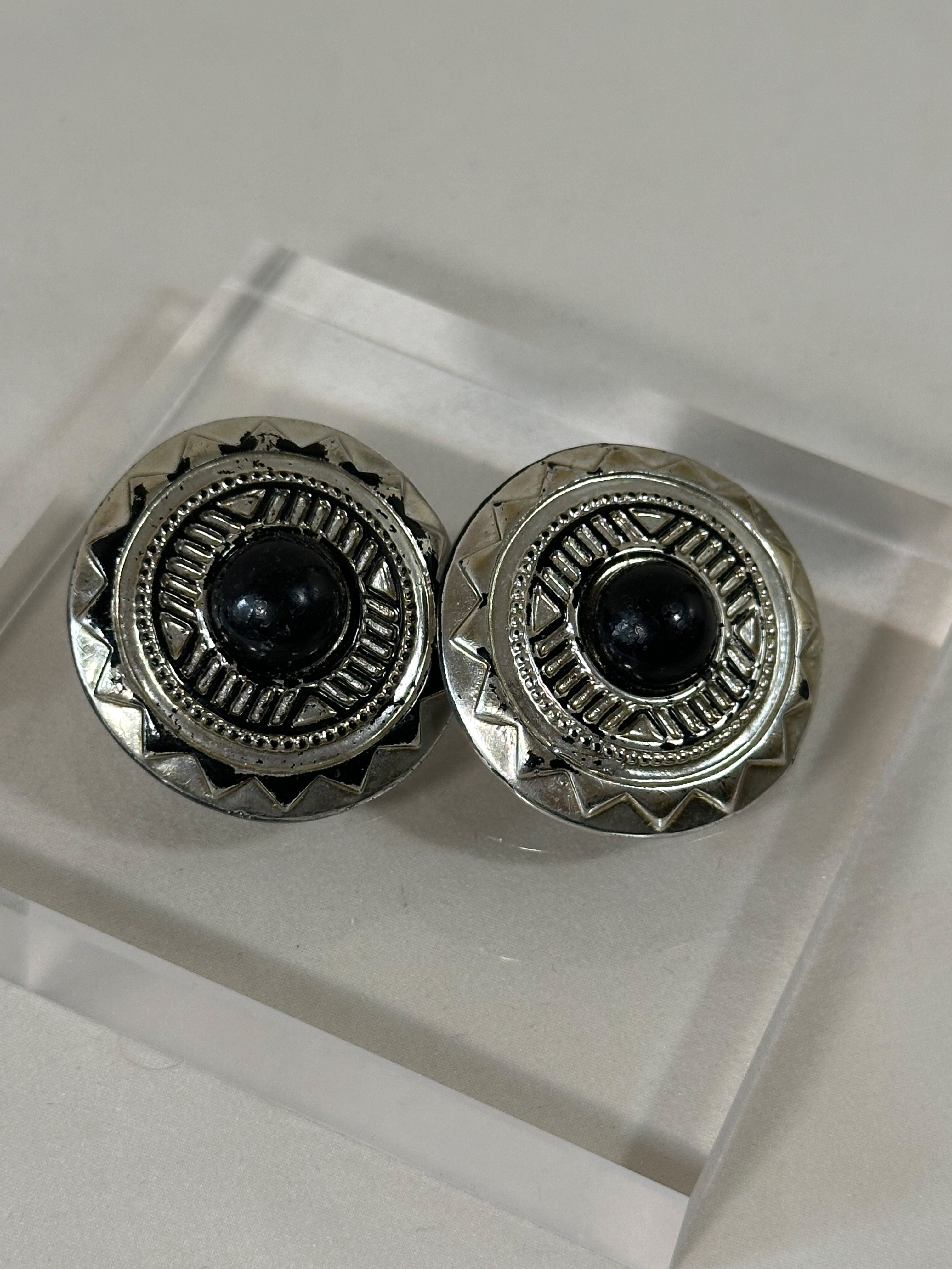 Vintage Silver & Black Tribal Disc Earrings